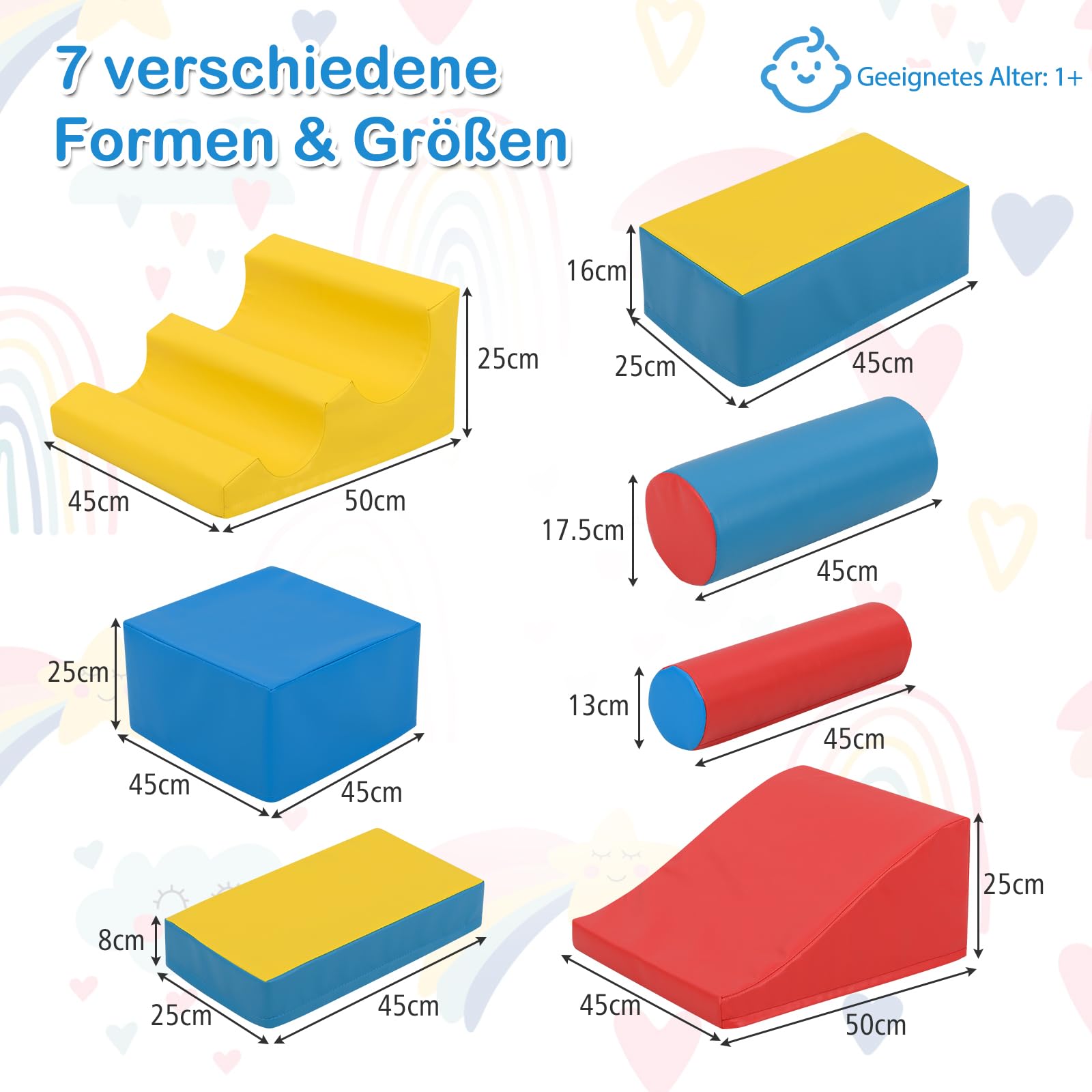 DREAMADE 7 tlg. Softbausteine für Baby & Kleinkinder, Schaumstoff Bausteine mit Klettverschlüssen, Wasserfester Kunstlederbezug, Rutschfeste Basis, Kletterblöcke für Baby Indoor Klettern & Toben, Bunt