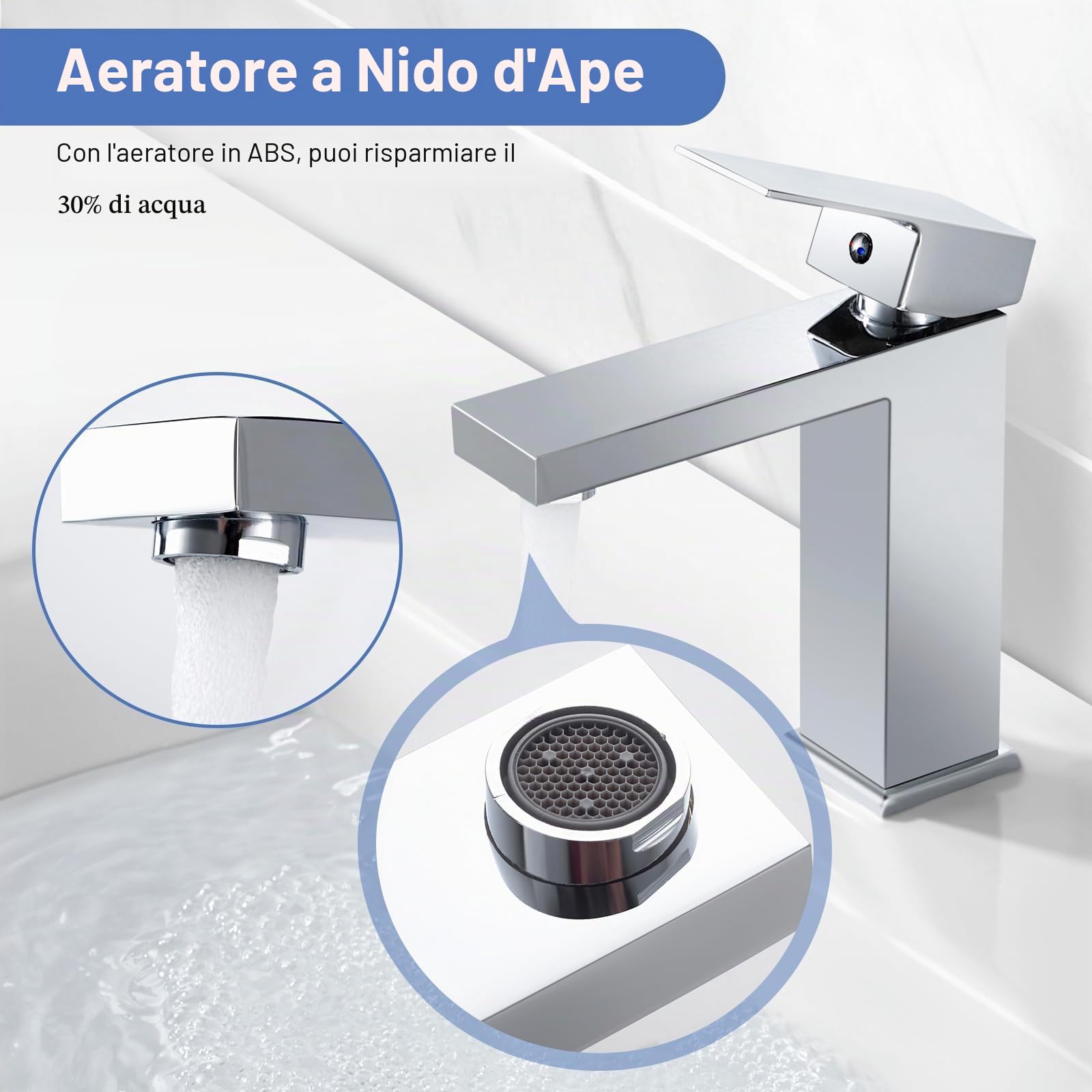 Rubinetto per Bagno, Miscelatore Monocomando per Lavabo, Rubinetto a Cascata con Altezza del Beccuccio di 115 mm, Moderna Rubinetteria per Lavabo Cromata, G3/8