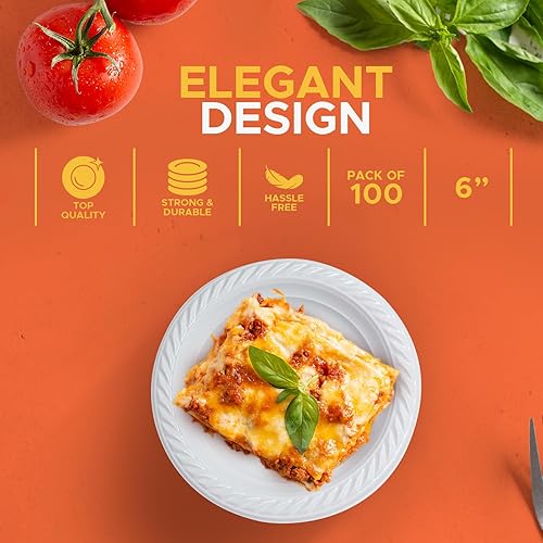 Miniatura 2 de Platos de plástico desechables blancos Juego de 100 platos de 6 pulgadas elegantes platos de cena de fiesta, juego de platos de plástico aptos para