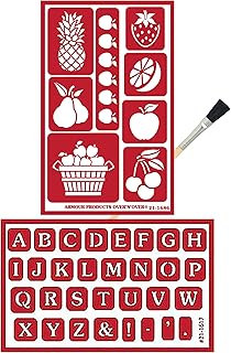 2 Armour Etch Over N Over Reusable Glass Etching Stencils - Fruit Stencil, Alphabet Stencil | Food Theme Design Fruits Stencil, Letter Stencil | Self Stick Stencils Set with Brush