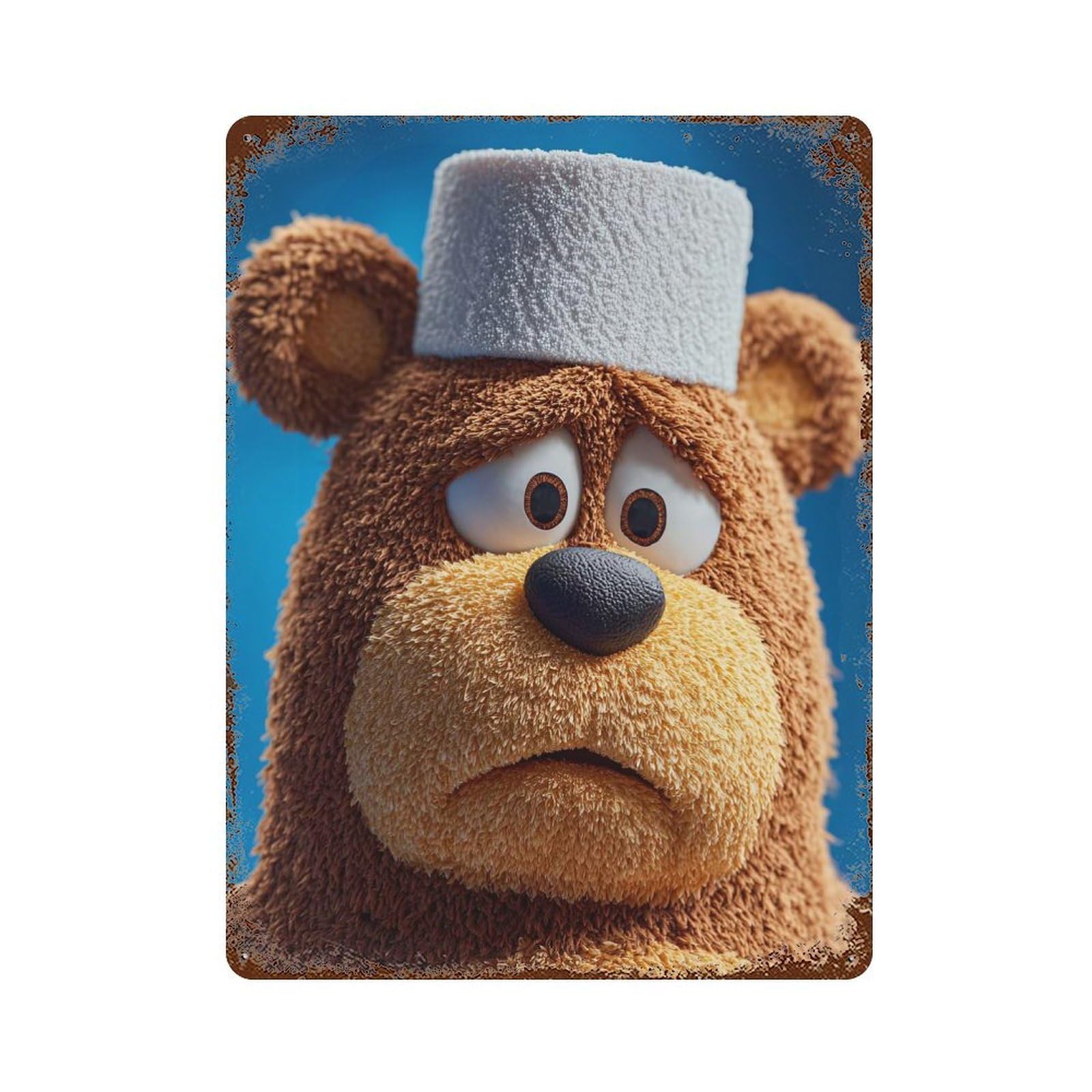 Sad Cartoon Bear with White Hat Aged Metal Wall Plaque 15.7"x11.8", Classic Wall Plaque for Garage, Pub Or Kitchen