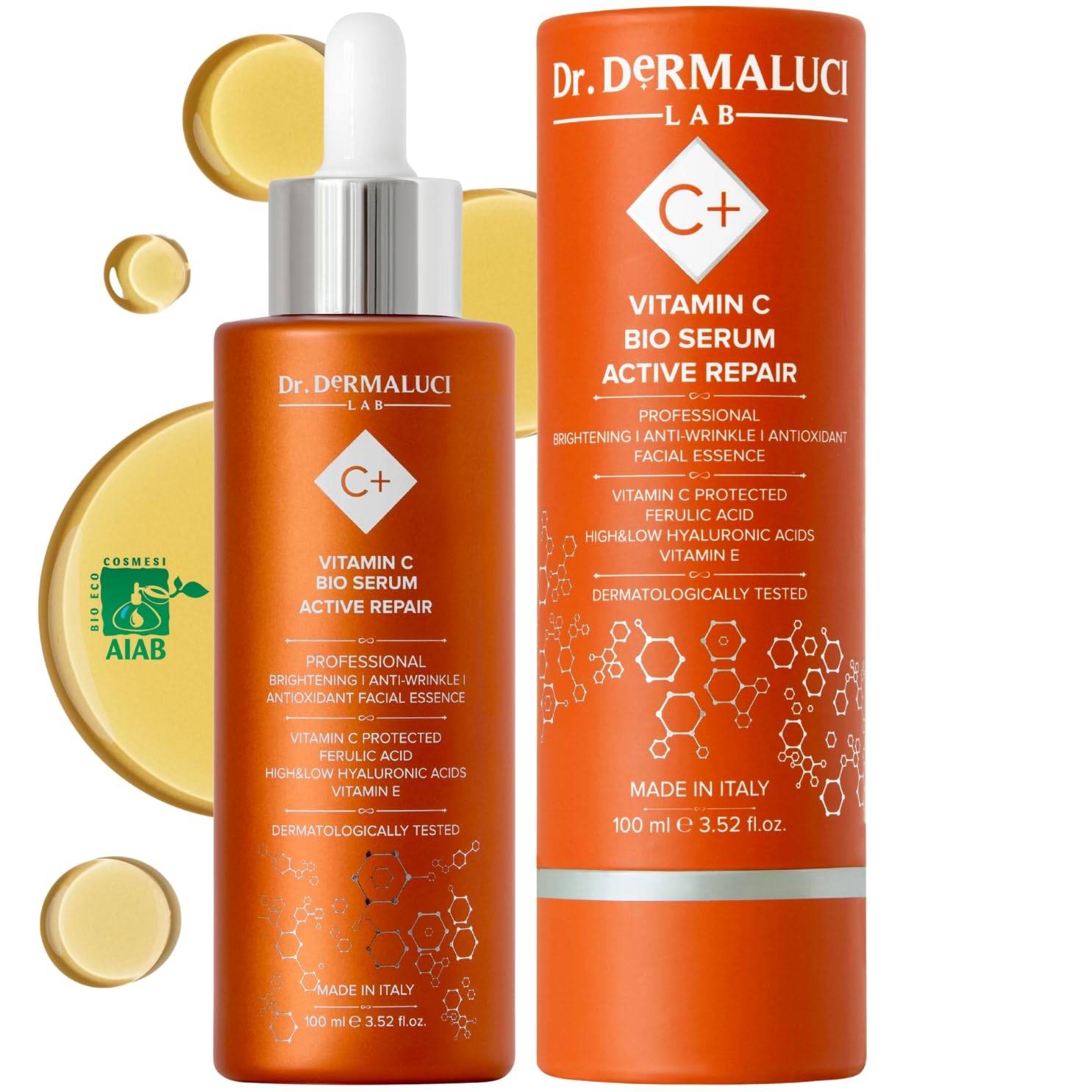 Dr. Dermaluci Lab - Vitamin C Gesichtsserum BIO - Anti-Falten, Anti-Flecken, Aufhellend - Hyaluronsäure & Ferulasäure - Kurkuma & Centella - Dermatologisch Getestet, Made in Italy, 100ml