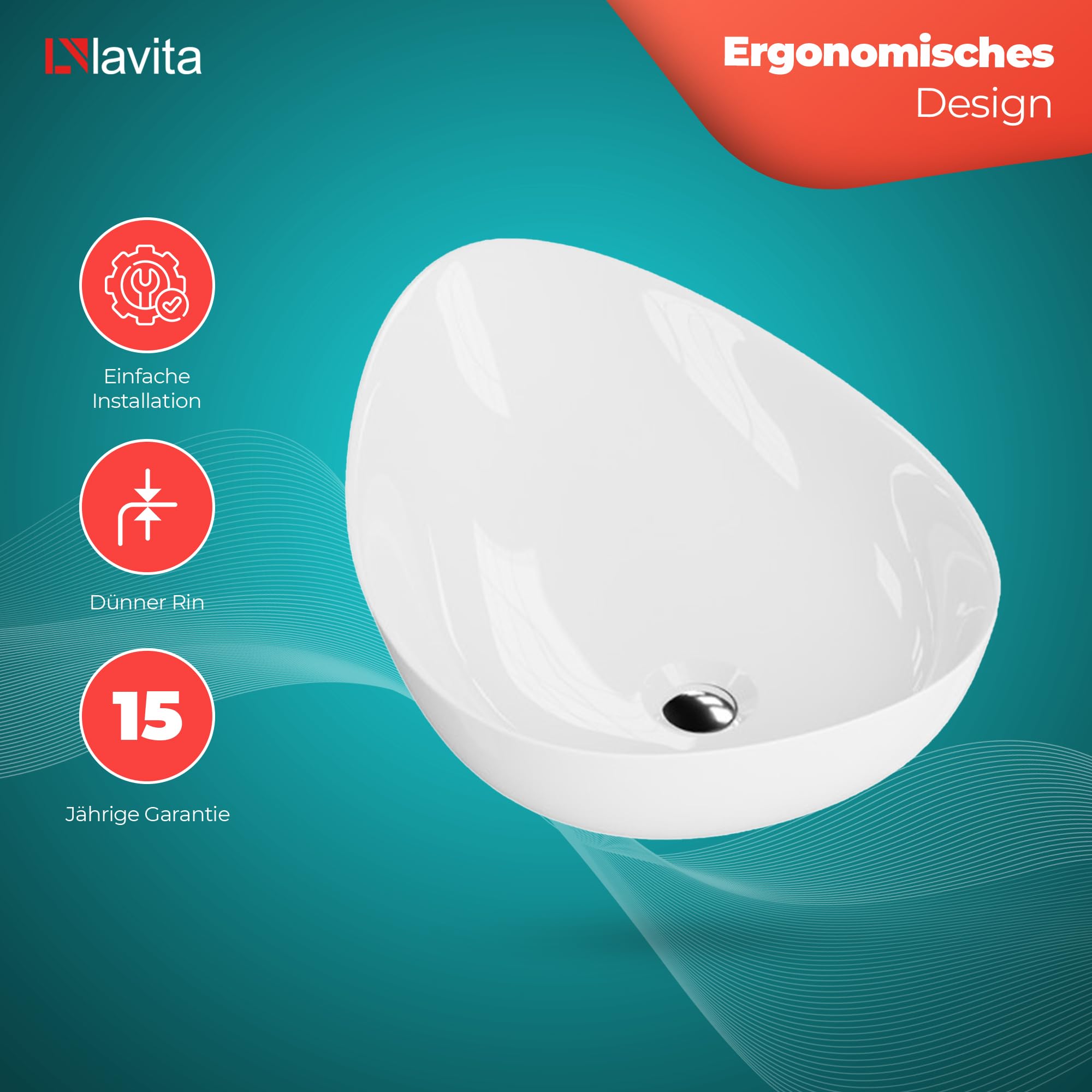 LAVITA Lavabo de encimera Almond | Lavabo superior asimétrico | Lavabo sin rebosadero y agujero para grifo | de porcelana de alta calidad | lavabo | 58 x 41 x 15 cm | blanco