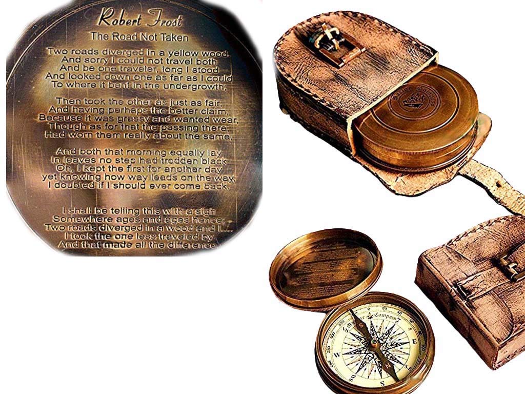 Boussole vintage Robert Frost 6,3 cm étui cuir fait main