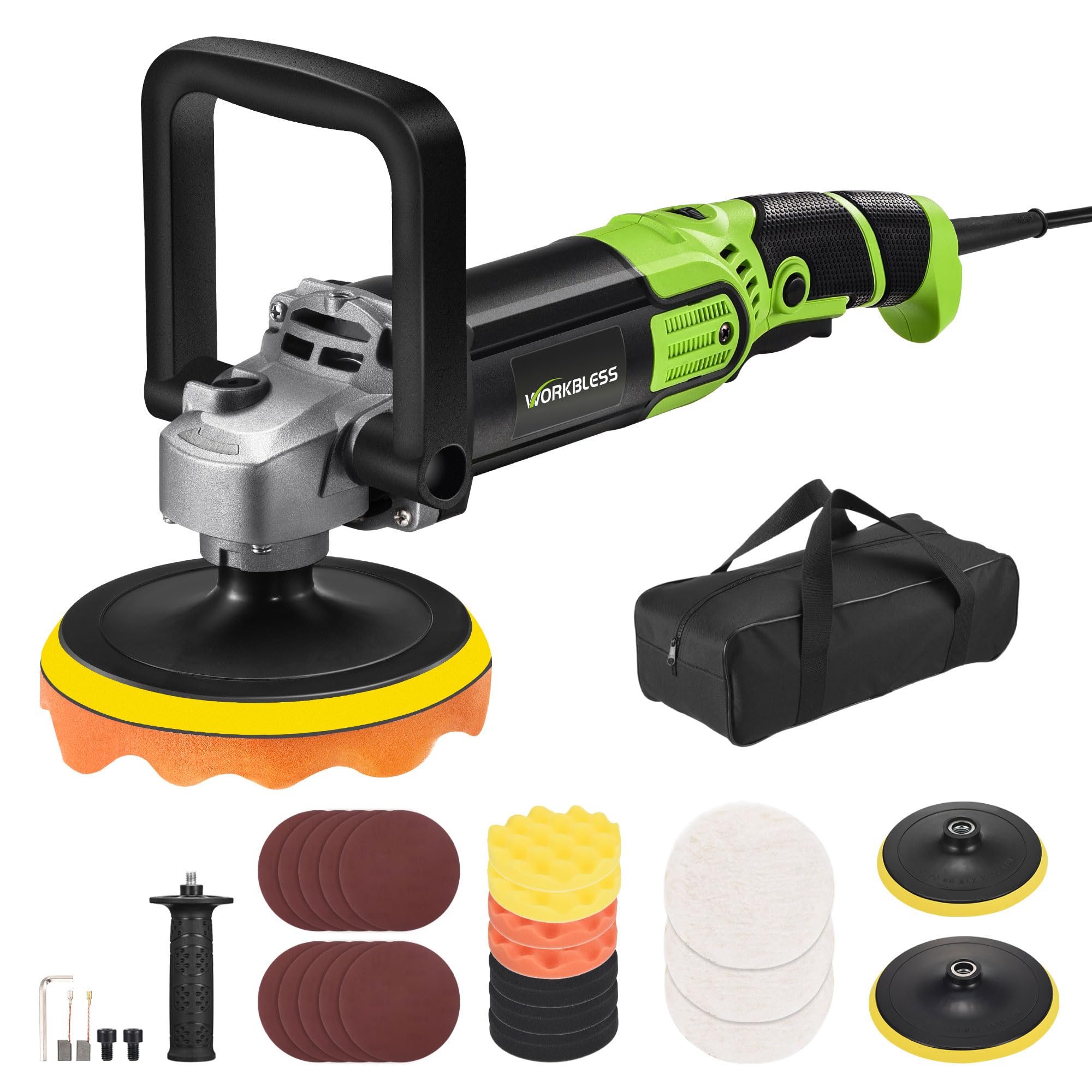WorkBless Buffer Polisher, 1600W 6"/7" Rotary Car Polisher with 7-Speed(1600-3500 RPM), Car Buffers and Polishers Kit for Cars, Furniture