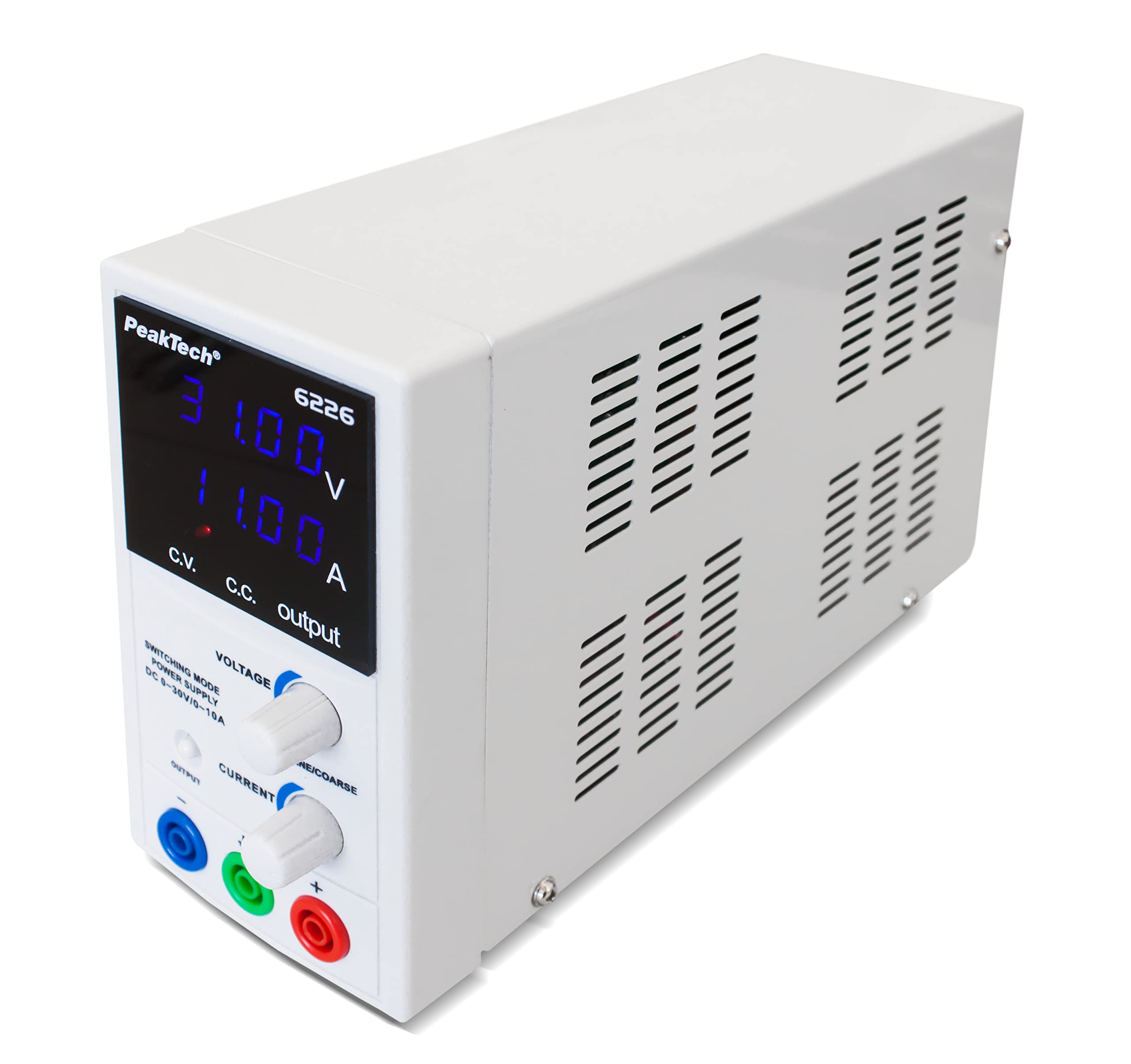 PeakTech P 6226 – Labornetzteil 0-30V/ 0-10A, Regelbar, Labornetzgerät DC mit Blauer 4-Stelliger Anzeige, Stabilisiertes Schaltnetzteil, Überlast- und Kurzschlussfest, schmale Bauform