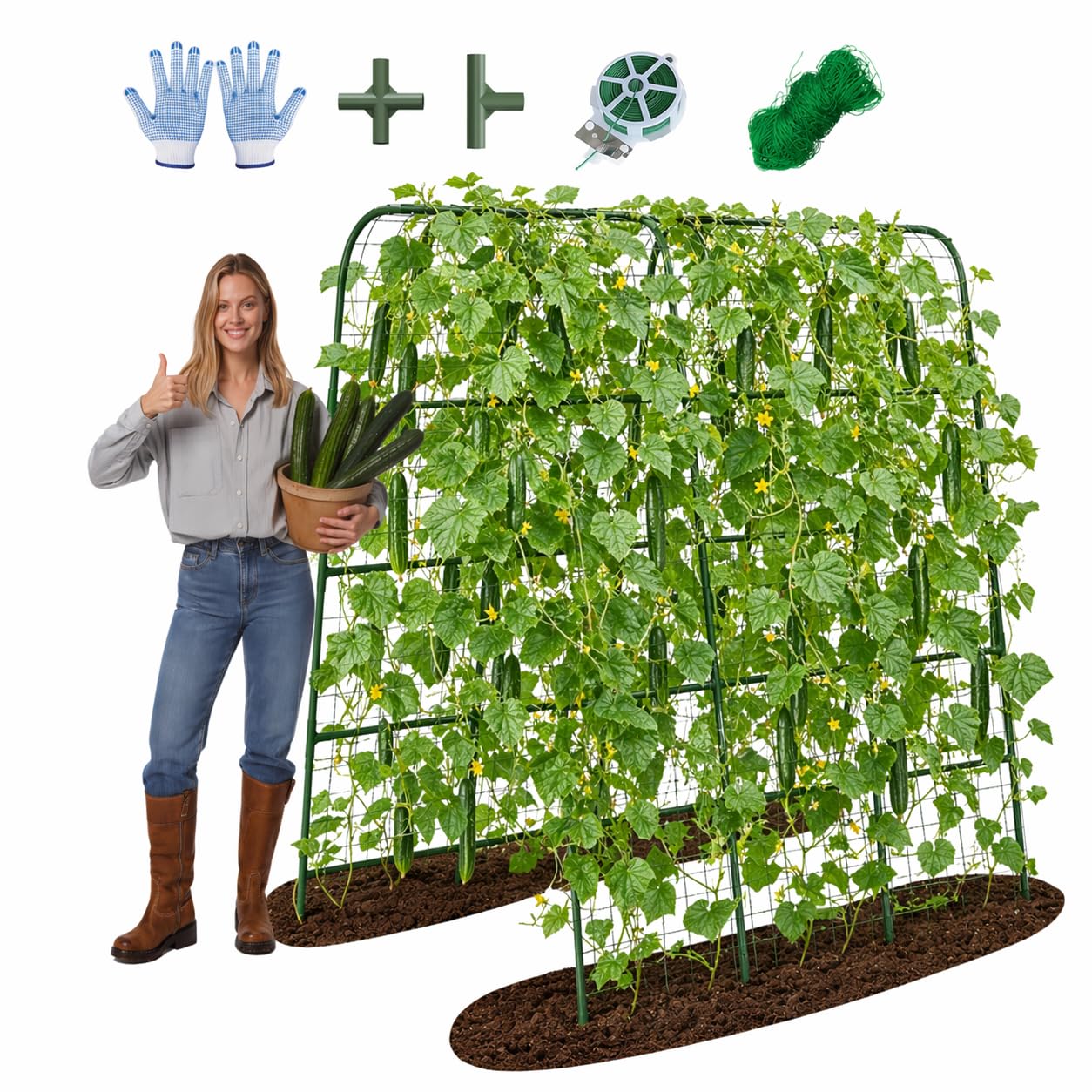 Enrejado de arco de pepino para jardín de 63 pulgadas de alto x 47 pulgadas de largo x 23 pulgadas de ancho, marco de soporte de plantas resistente con red de nailon y 100 lazos de hojas, enrejado