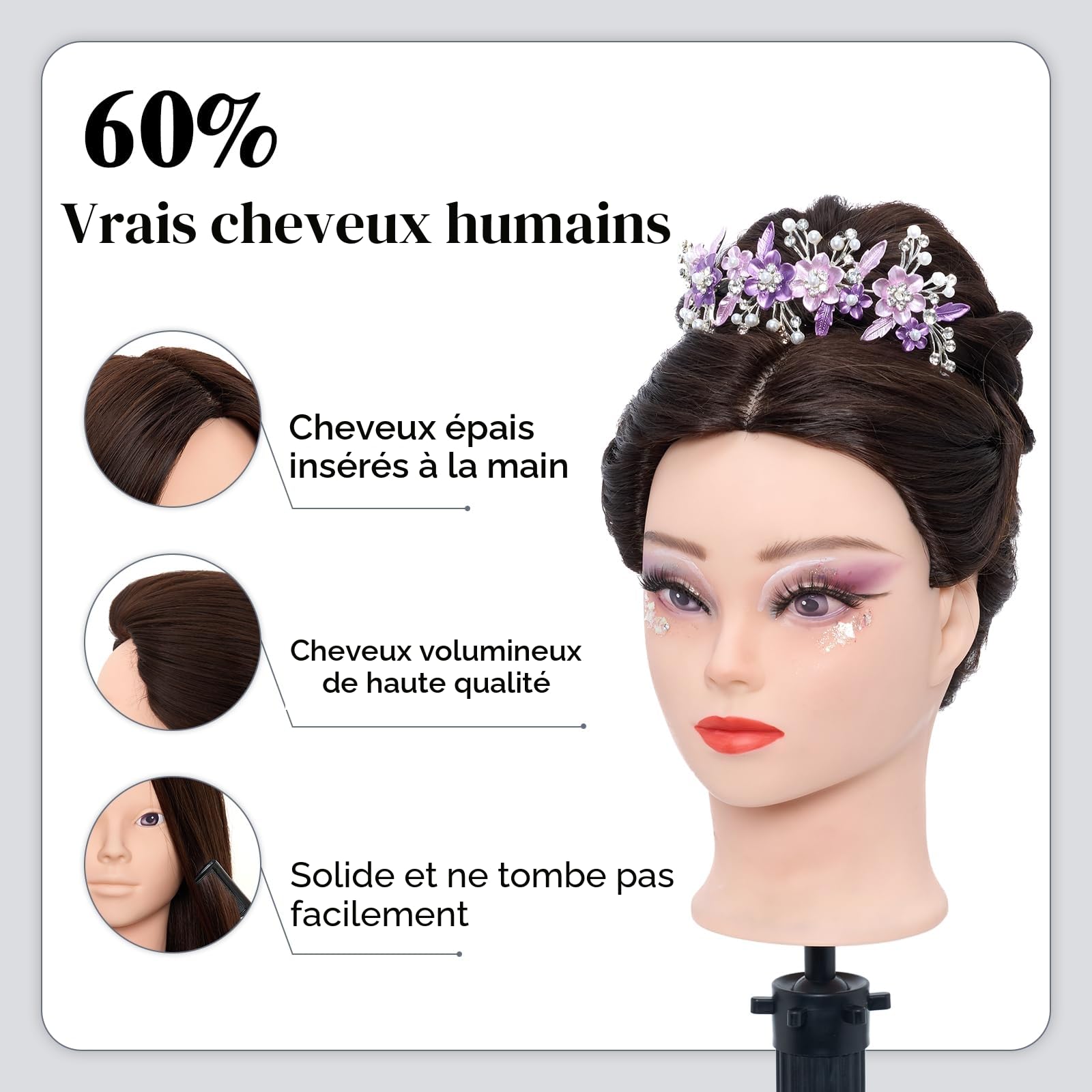Neverland Tête de coiffure pour coiffer et maquiller 60% cheveux naturels