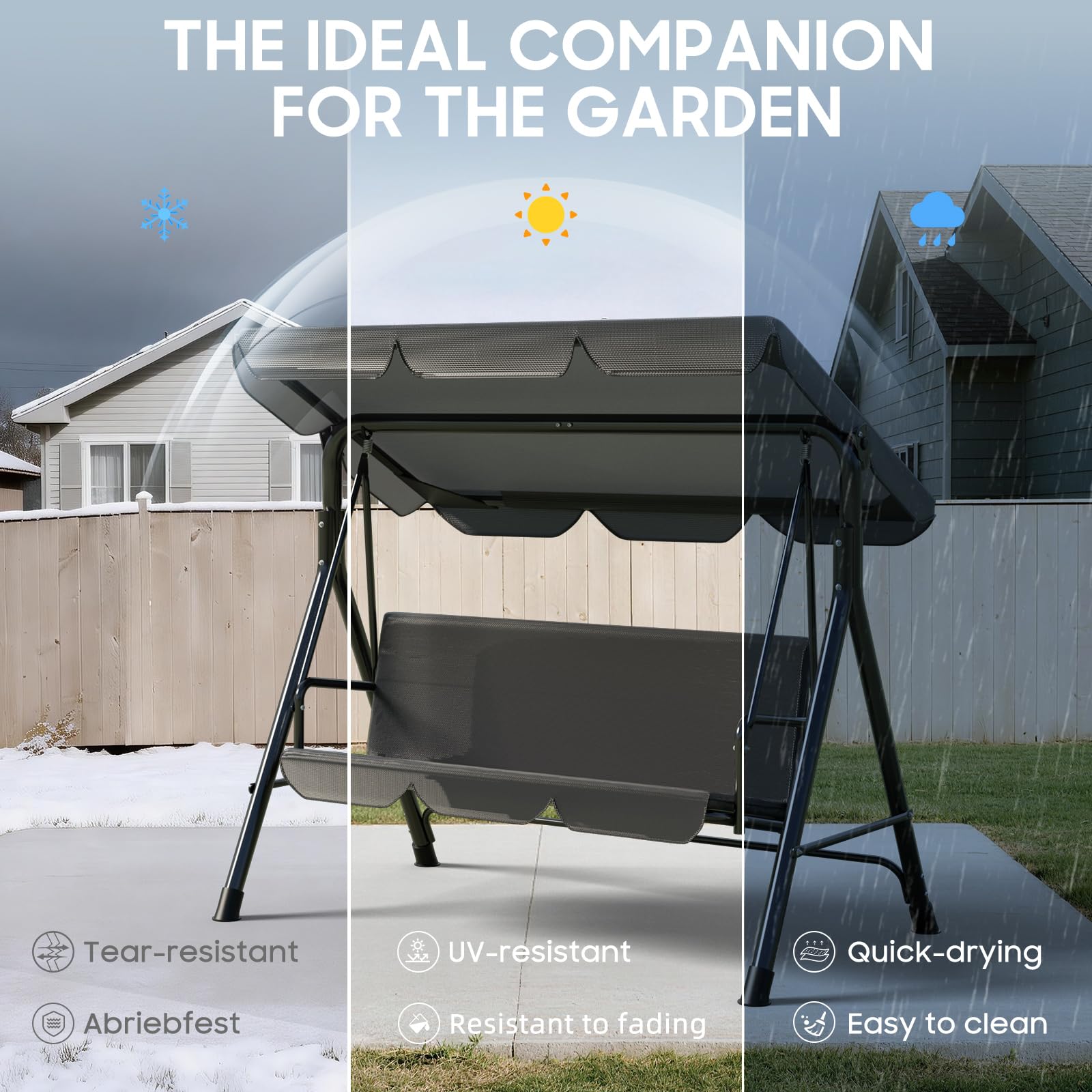 Verdego Hollywoodschaukel 3 Sitzer, Hollywoodschaukeln 193x110x152cm, Gartenschaukel mit Verstellbarem Dach, Anti Rutsch Füße, Einfache Montage, 200KG Belastbar, für Garten, Terrasse, Anthrazit
