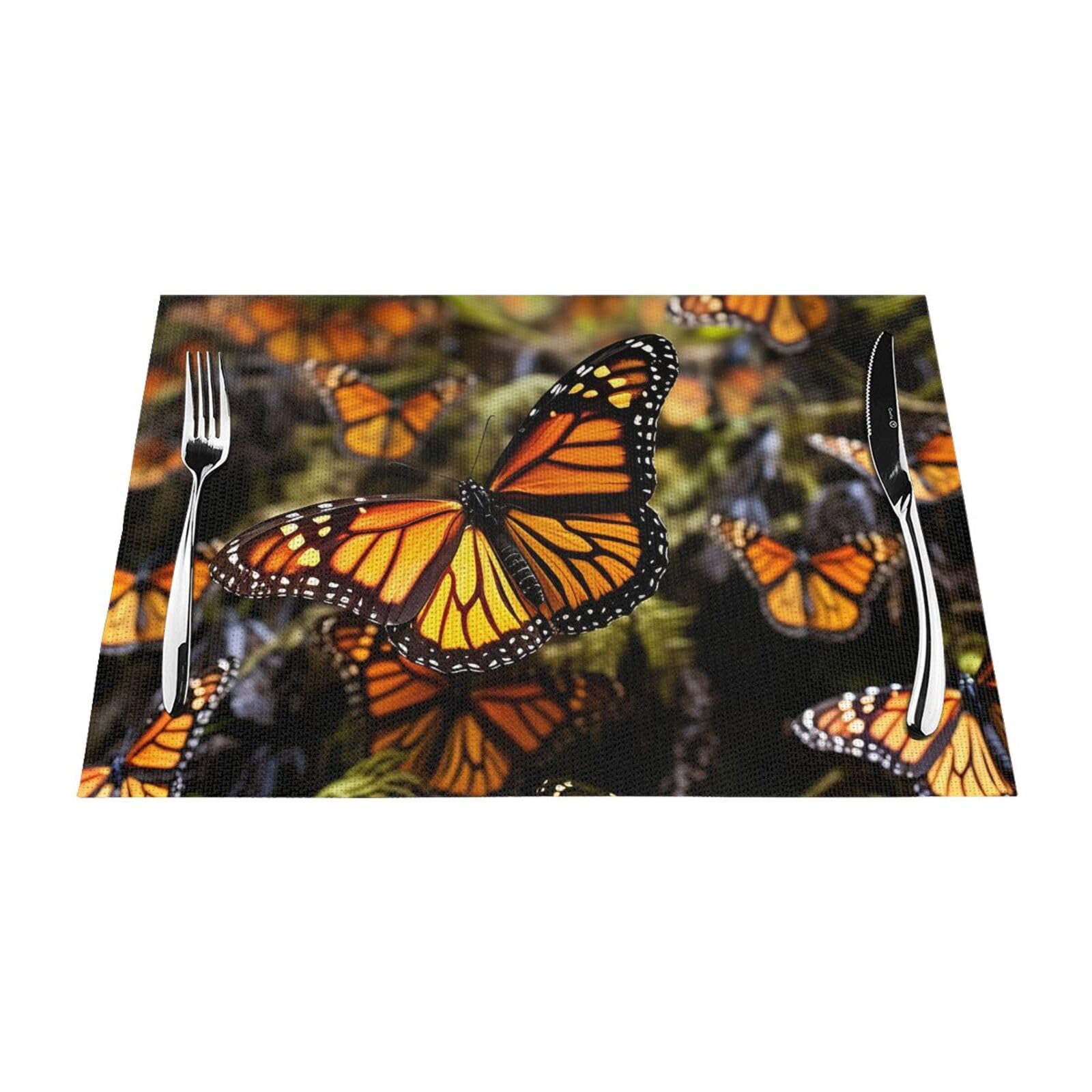 Heaps of Orange Monarch Butterflies Placemats Set of 4 PCS - Woven Vinyl Kitchen Table Placemats - Heat Resistant Non-Slip Place Mats for Dining Table, Washable Indoor Outdoor Table Mats 12x18 Inch