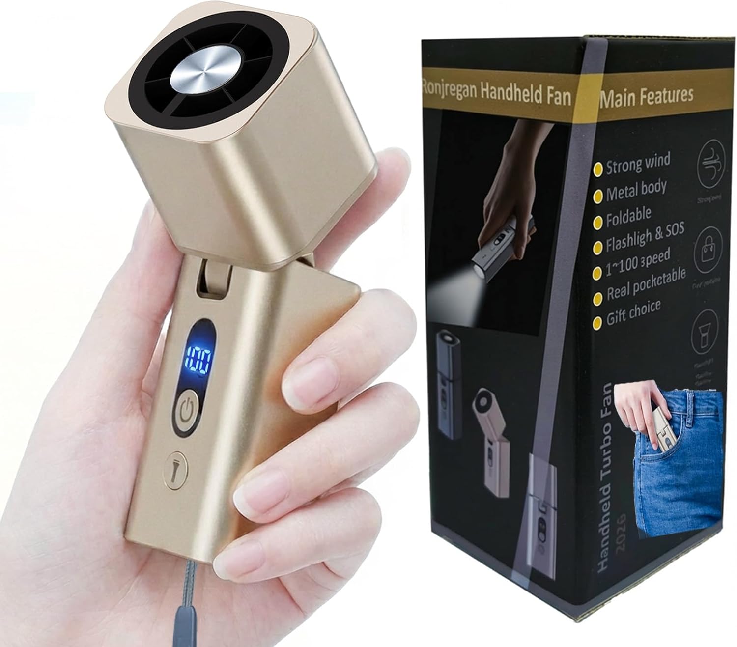Metal Portable Mini handheld fan 1-100 speed 15000PRM,Rechargeable Pocket Personal handheld turbo fan 5000mAh with flashlight,Small hand held face fan for Travel Camping Beach,Gifts for Women (Gold)