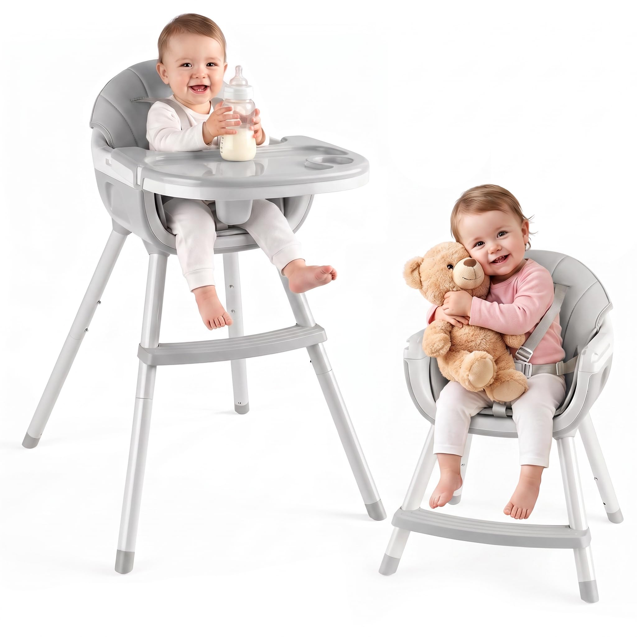 4‑in‑1 Adjustable Baby High Chair, Baby Highchair with Removable Double Tray & 5‑Point Safety Harness, Washable PU Cover, Multifunctional Dining Chair for Babies 6‑36 Months