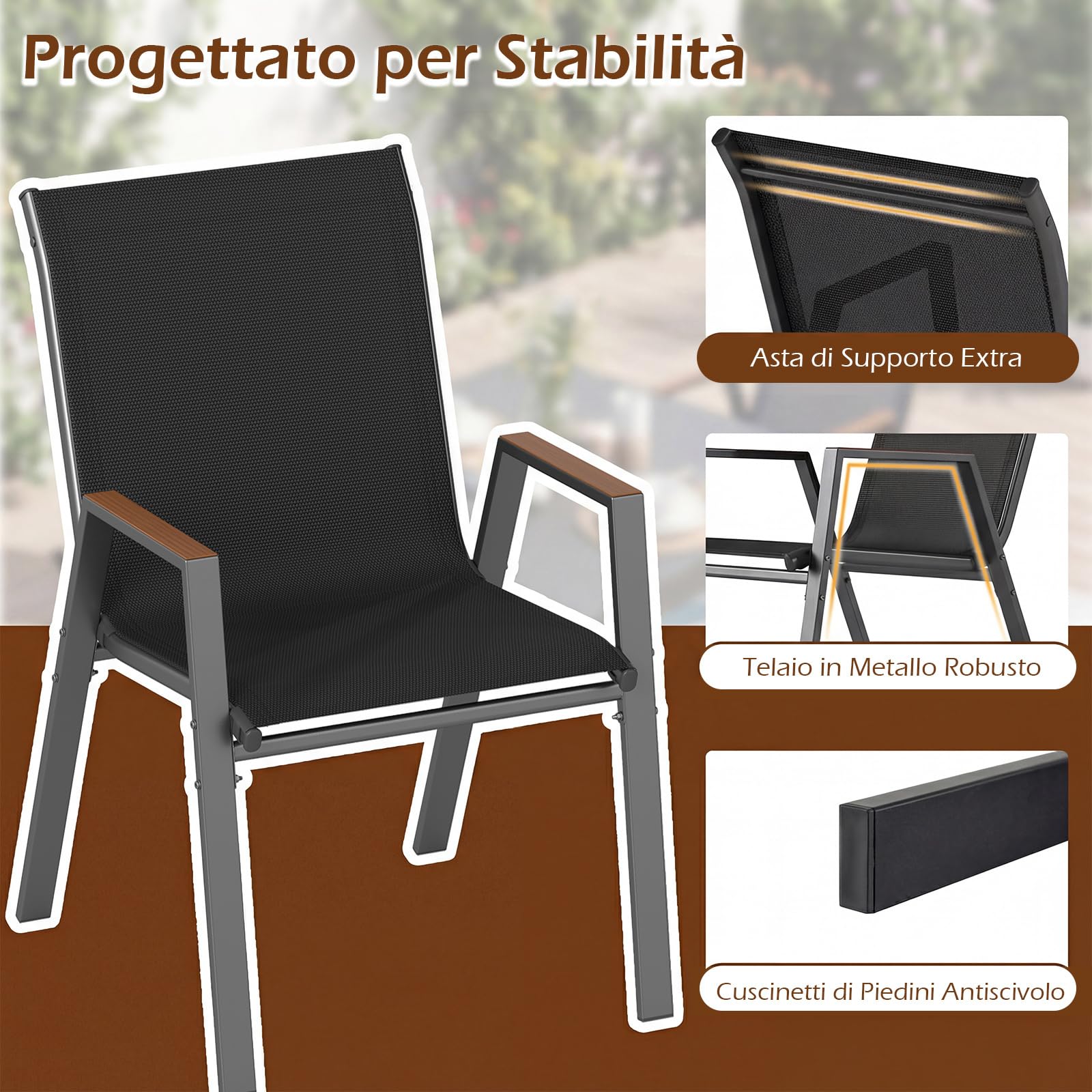 COSTWAY Set di 2/4 Sedie da Giardino, Poltrone in Tessuto Textilene per Esterno, Sedie Impilabili con Gambe in Metallo, Portata 180 kg, 56 x 66 x 88 cm (Nero,4)