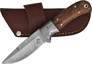 Knives Ranch Handmade Damascus Steel Hunting Full Tang Utility Knife with Indian Rosewood Handle and Heavy-Duty Cow Leather Horizontal Cowboy Style Sheath (2142-IRW) - Knives Ranch