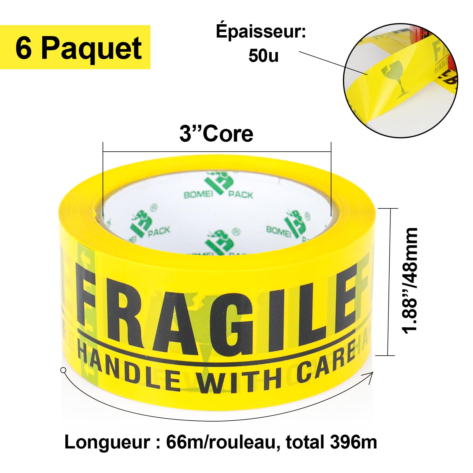 BOMEI PACK FRAGILE Jaune Ruban d’emballage sécurité 66m x 48mm–6 rouleaux avec dévidoir Adhésif fort pour colis, entrepôt, e-commerce