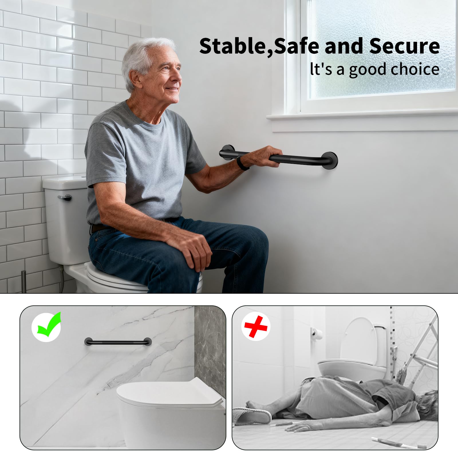 ZUEXT - Confezione da 2 barre di sicurezza per bagno, 50,8 cm, nero opaco, con impugnatura zigrinata, corrimano di sicurezza antiscivolo in acciaio inox per WC, doccia, vasca da bagno, barra di