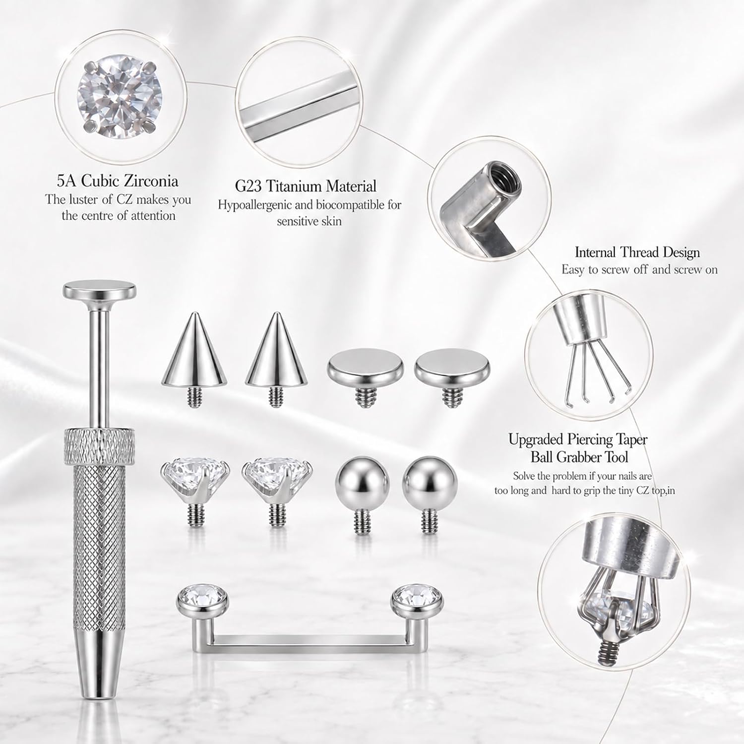 14G Titanium Surface Piercing Jewelry with 8 Replacement Balls&Grabber Tool image 4