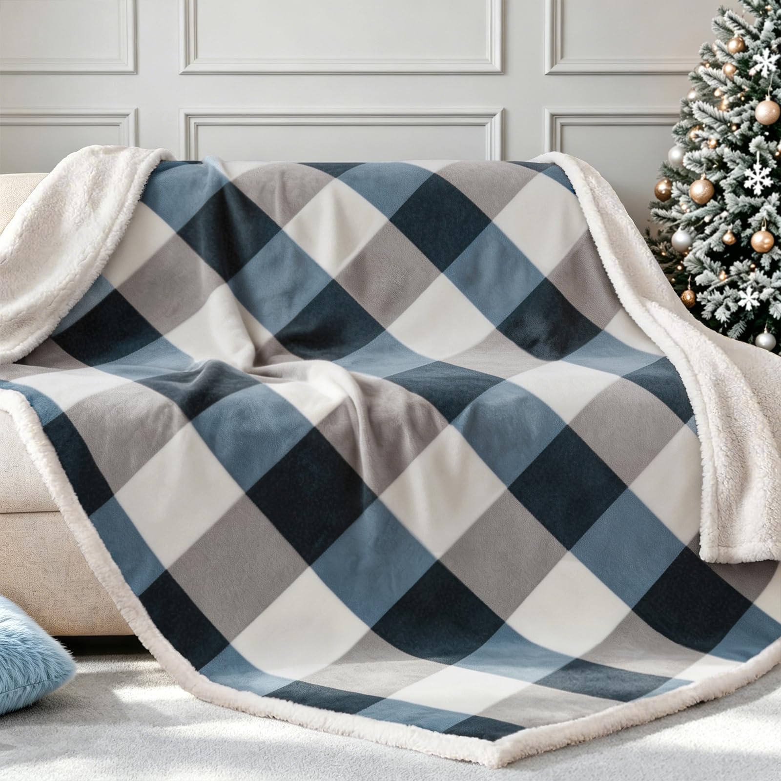 PU MEI Coperta in pile Sherpa, reversibile, soffice, soffice, in flanella, per divano letto, 150 x 200 cm, colore: grigio-blu