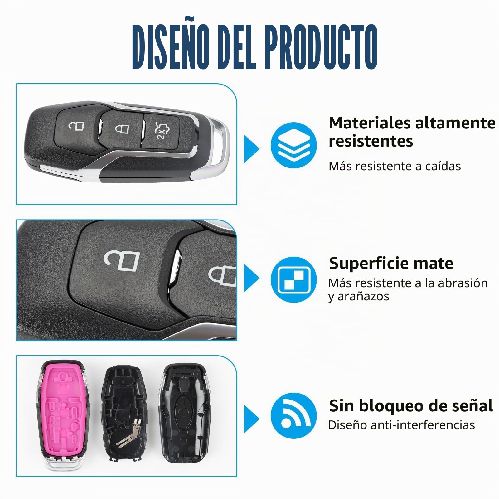 Carcasa De Repuesto Para Llave Ford | 3 Botones | Mondeo/S-Max/Edge/Mustang/Galaxy | ABS Plateado