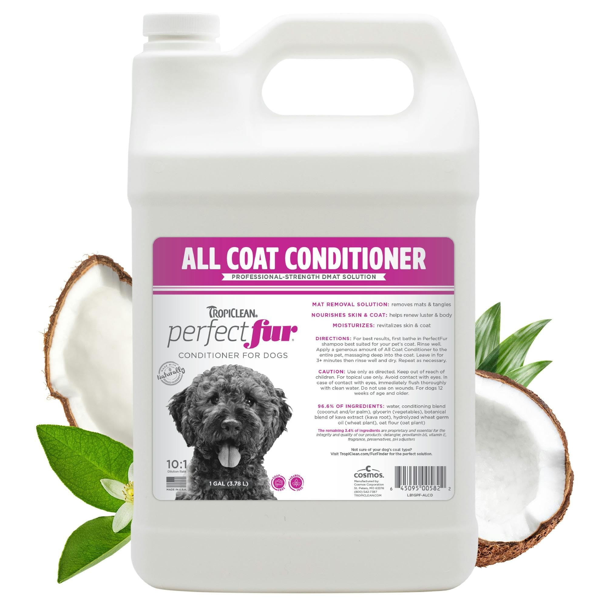 TropiClean PerfectFur Dog Conditioner for All Coats| 10:1 Concentrated Groomer Gallon| Made in The USA| 1 Gallon