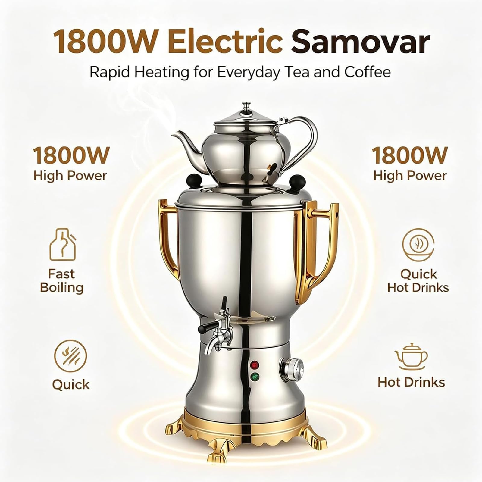 Samovar elettrico da 1800 W con teapo a 2 strati e acciaio inossidabile