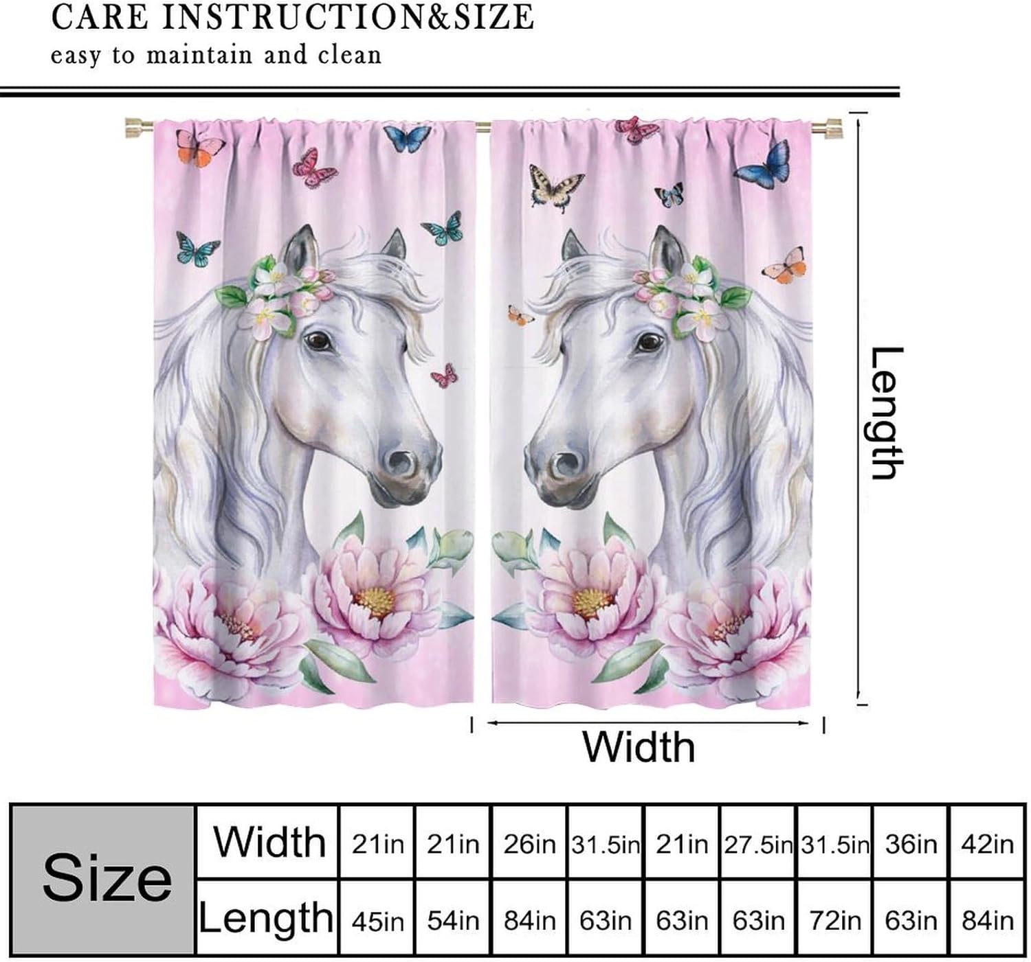 Cartoon Horse Blackout Curtains Watercolor Pink Flowers Butterfly Window Treatments for Kids Boys Girls Baby Bedroom Nursery Toddler Home Rod Pocket Drapes 2 Panels 42x63 Inch