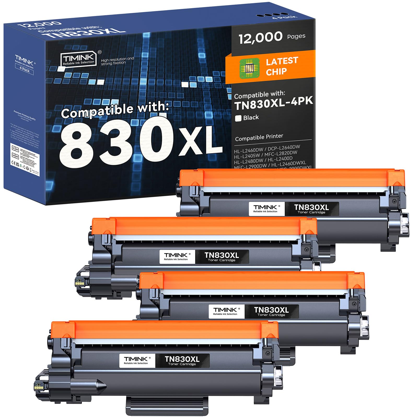 Compatible TN830XL Toner Cartridges Replacement for TN830 TN-830XL 830XL Toner Cartridge Work with HL-L2460DW DCP-L2640DW HL-L2400D HL-L2405W MFC-L2820DW Printer (4 Pack, Black)