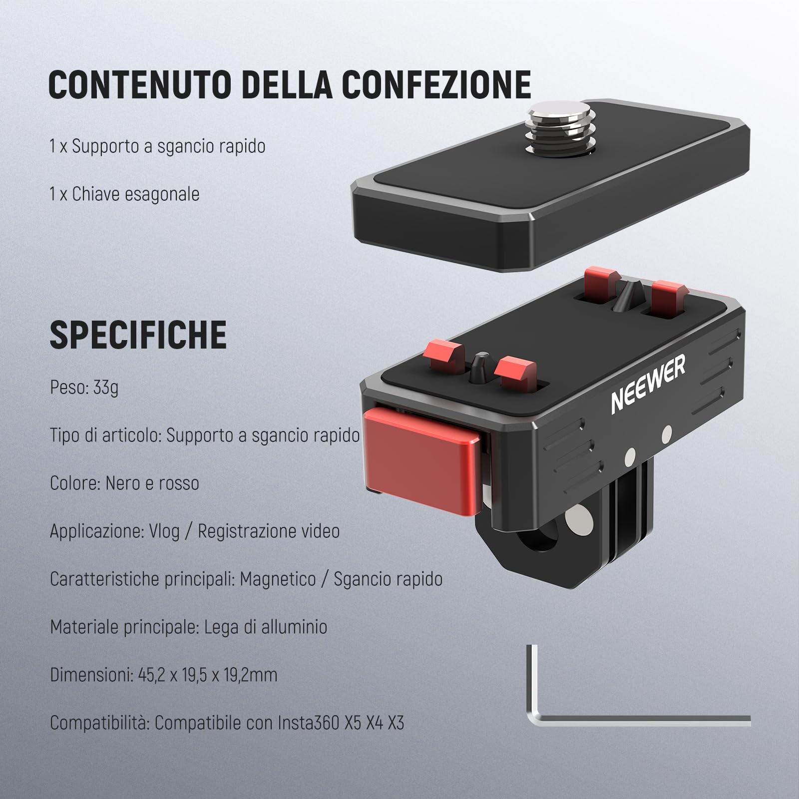 NEEWER Supporto Sgancio Rapido Compatibile con Insta360 X5 X4 X3 AcePro AcePro 2, Adattatore Magnetico con Vite 1/4" e Foro Filettato, Attacco 2 Punte Compatibile con GoPro Accessori Action Cam, GP-88