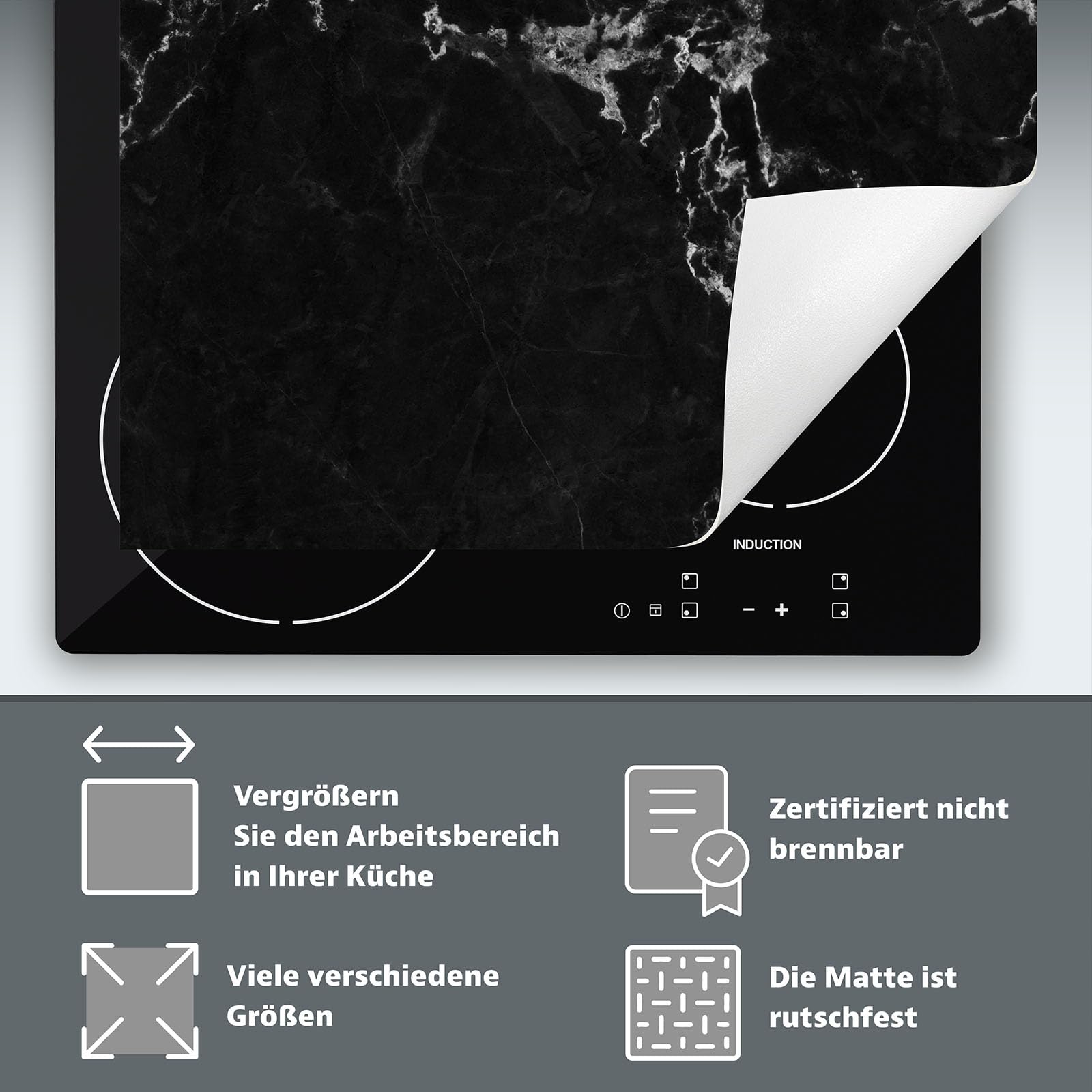 DarHaus Protege Plaque De Cuisson Induction, Tapis De Protection Plaque Induction 80x52 Cm - Noir - Marbre