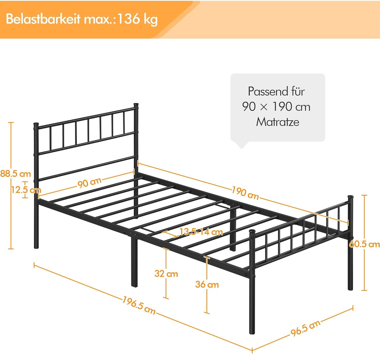 Diagram showing detailed dimensions of the Yaheetech Metal Bed Frame