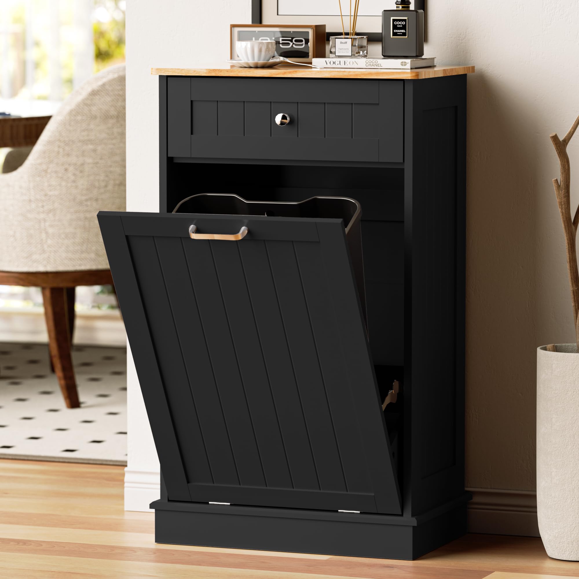 tilt out trash can cabinet 13 gallon, wooden freestanding hidden trash can cabinet with drawer, laundry hamper cabinet with odor control, garbage can holder for kitchen, bathroom,black