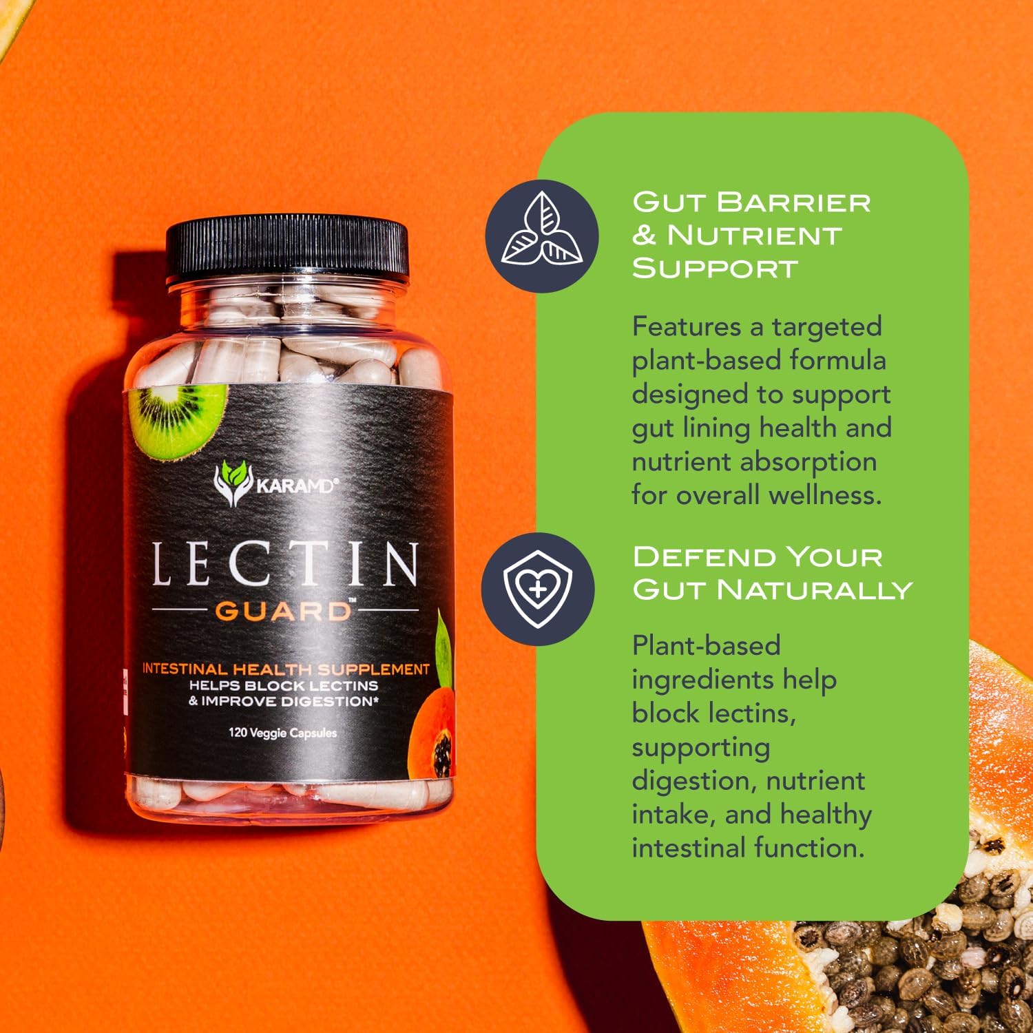 KaraMD Lectin Guard | Colon Cleansing Lectin Blocker | Slippery Elm, Bladderwrack, Sodium Alginate, Okra, Kiwi & Papaya | Gut Health for Women and Men, Gluten Free 30 Capsules - Image 3