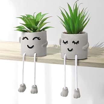 Set of 2 Artificial Plants in Pot Mini Artificial Plant Fake Succulent Plants Dremisland Leg Emotional Cement Potted Plant with Hanging Faux Decorative Plant for Home Office Table Decoration Bookshelf