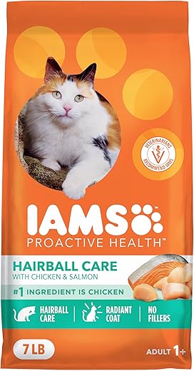 IAMS PROACTIVE HEALTH Adult Hairball Care Dry Cat Food with Chicken and Salmon Cat Kibble, 7 lb. Bag