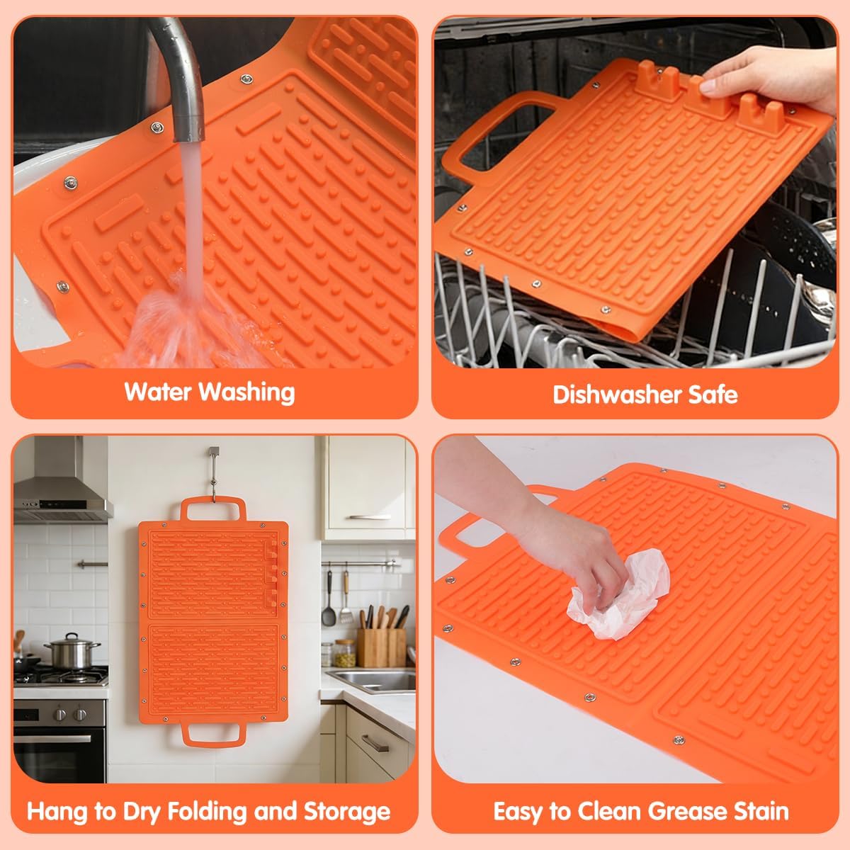 LIONROGE Large Silicone Grill Mat, Foldable Silicone Griddle Tools Spatula Mat with Drip Pad & Handle & Snap Buttons, Portable BBQ Side Shelf Mats Grill Pad for Blackstone Griddles Accessories,Orange image 4