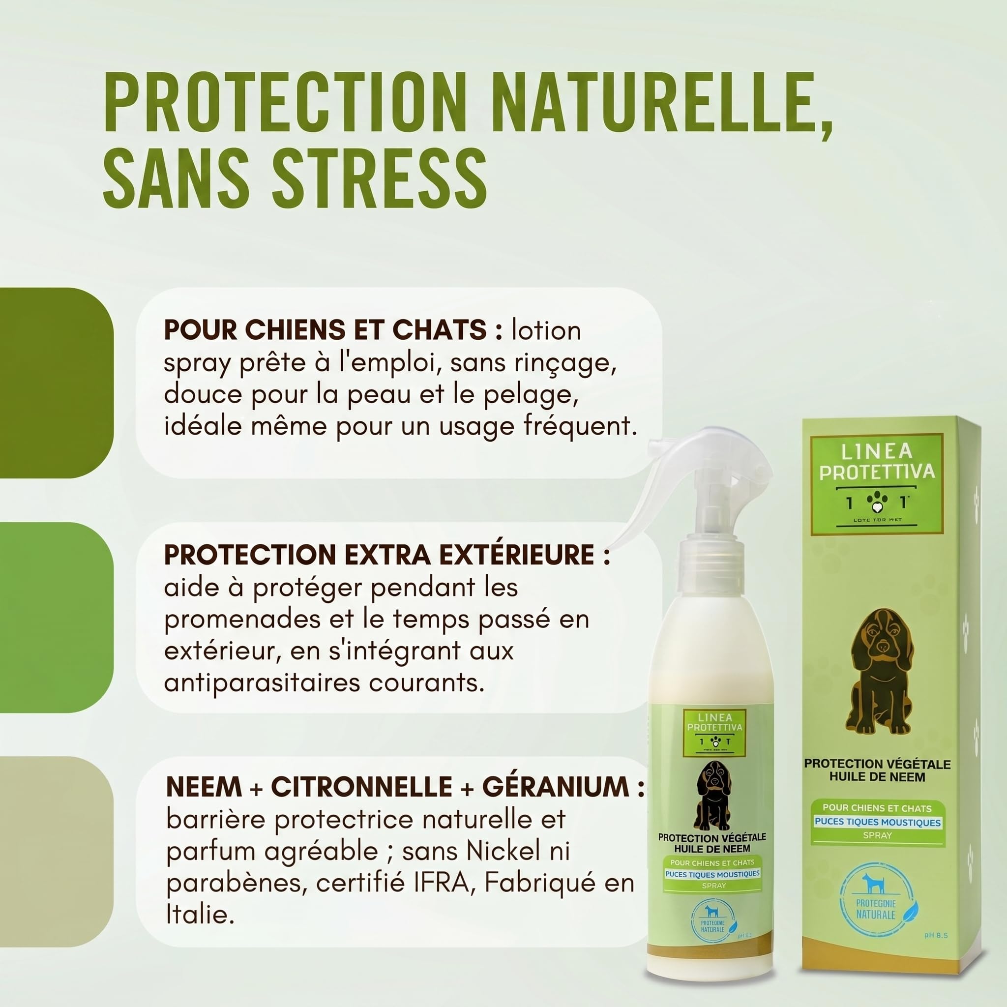 Huile de Neem Spray Anti Tique Chien et Chat 250 ML, Protection Végétale Anti Puces Chat, Anti Moustique Chien, et Anti Puce Prêt à l'emploi Linea 101
