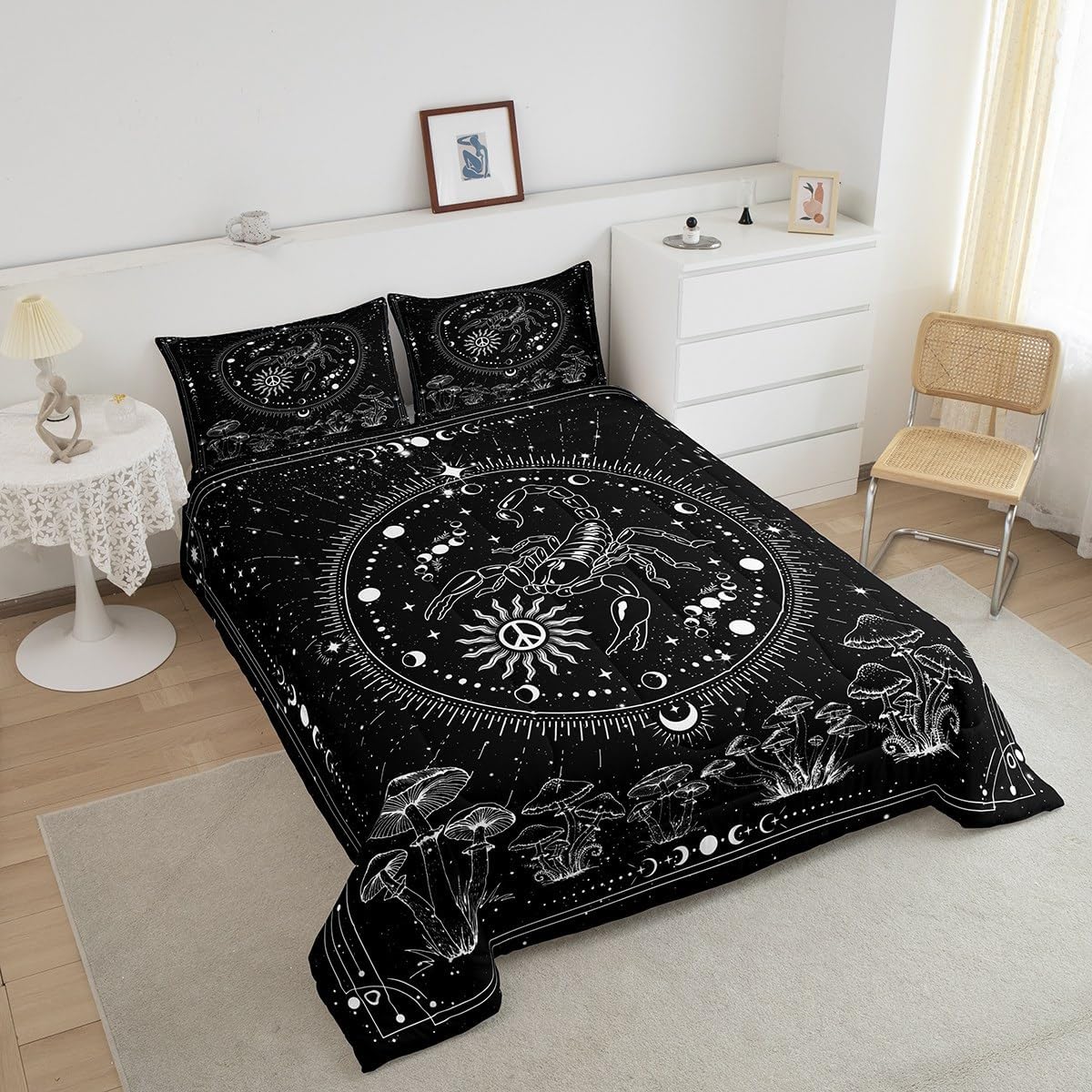 Castle Fairy Scorpio Wild Animal Twin Size Comforter Set for All Seasons,Bohemian Starry Galaxy Universe Bedding Set Teens Bedroom Decor,Wild Mushroom Plant Comforter Inner Fill with 1 Pillowcase