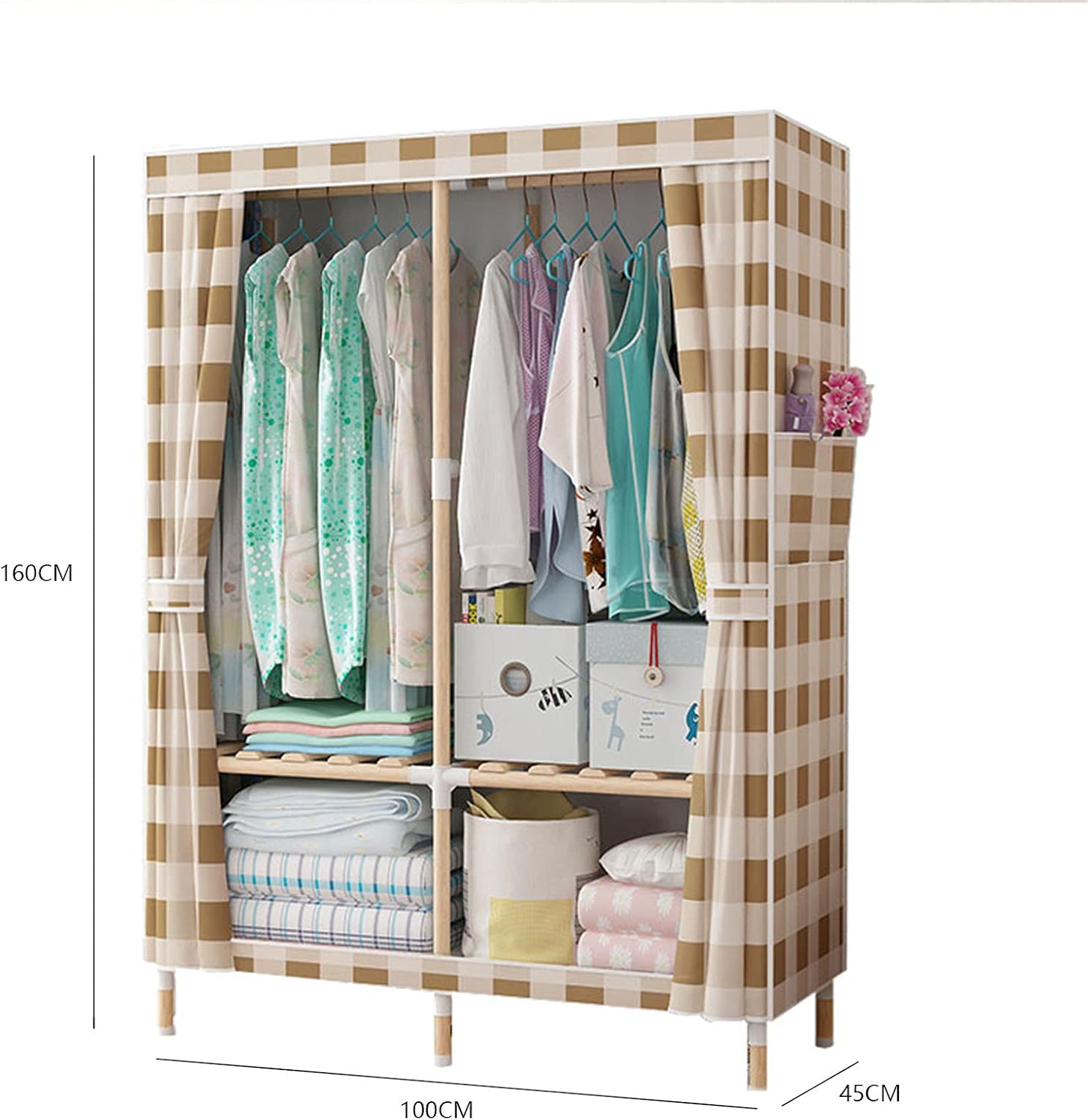 Bedroom Closet, Portable Fabric Wardrobe Assembly Clothing Cabinet with Hanging Rail Solid Wood Frame Bedroom Furniture 160 * 100 * 45CM(Size:160 * 100 * 45CM,Color:H) (I 160 * 100 * 45CM)