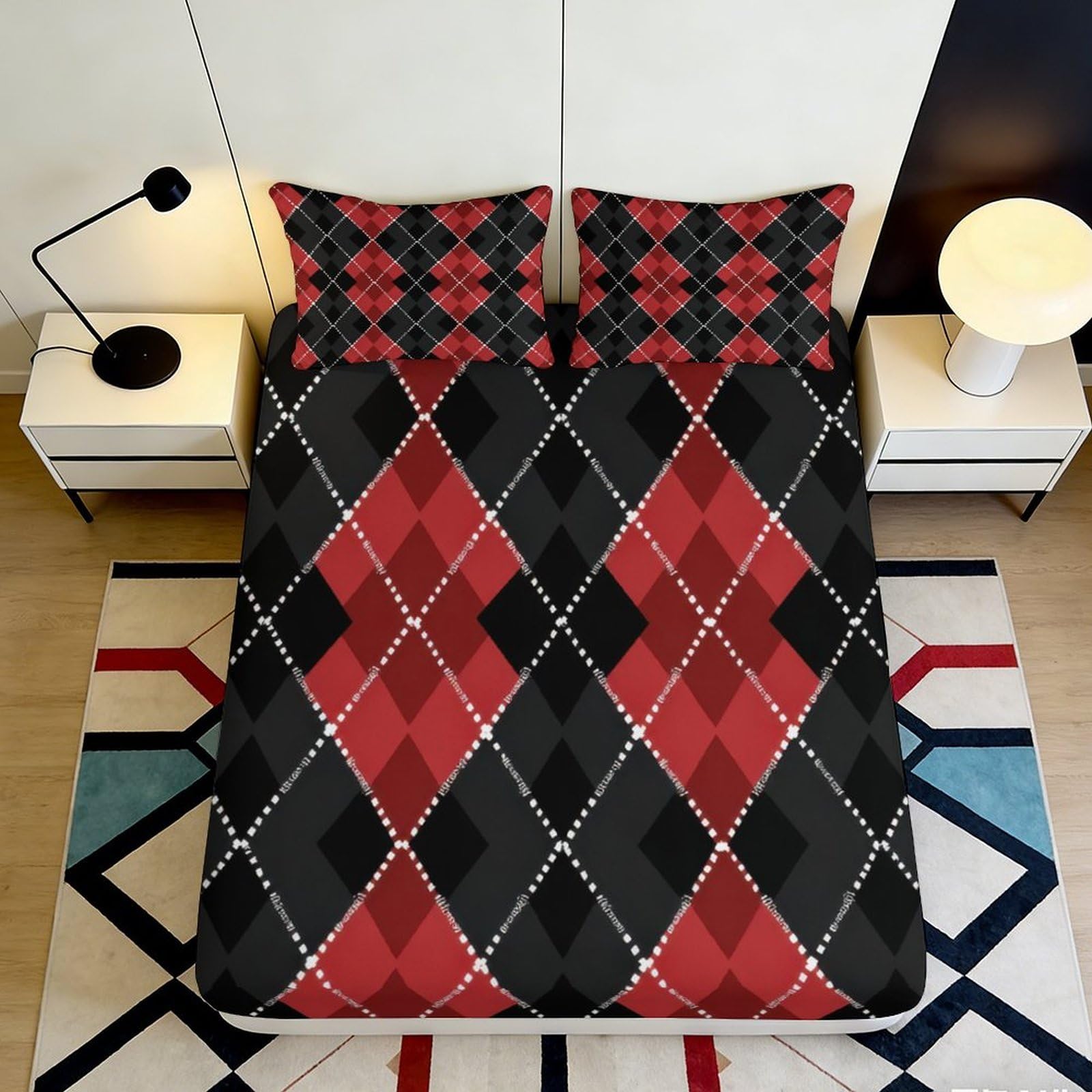 Pnayamiorkfel Style-1 3D Printed Red Argyle Fitted Sheet Microfiber Soft Breathable Black Plaid Bed Cover For Bedroom Guestroom Decor 90X200x25cm