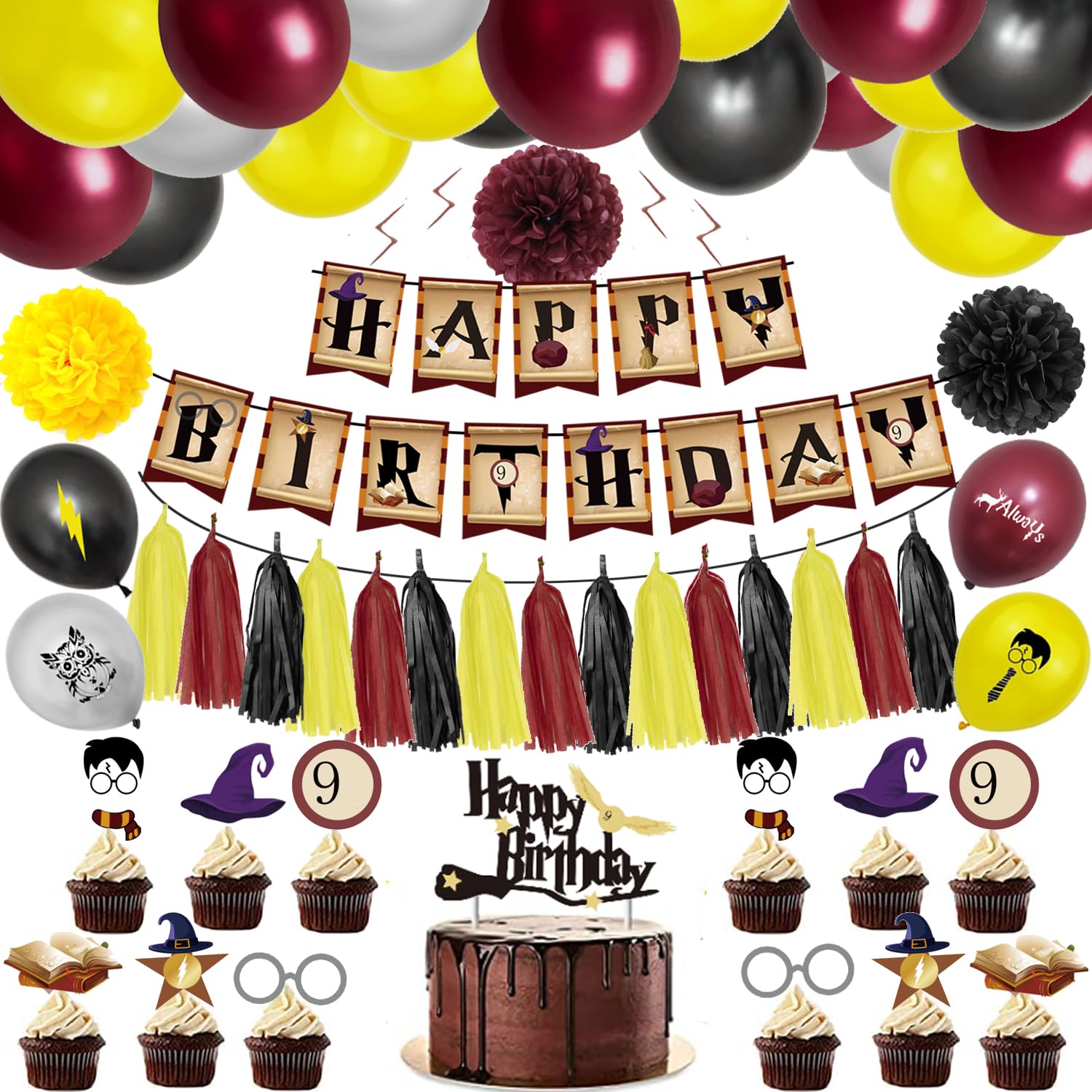 Finypa Magic Wizard School Balloons Garland Kit - 105 Pieces Burgundy Black Gold Balloon Arch Wizard Birthday Banner