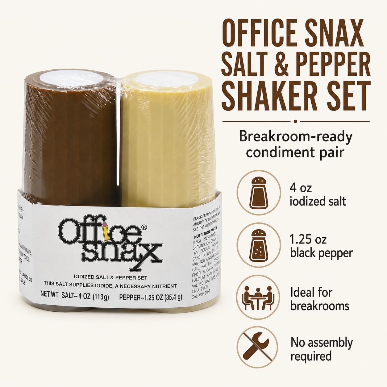 Office Snax OFX00057 Juego de salero y pimentero, un salero de 4 onzas y una coctelera de pimienta de 35 ml