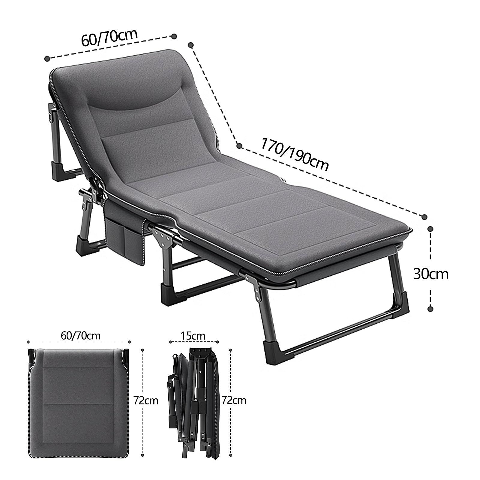 Klappbett Gästebett Mit Matratze – 4-fach Verstellbar, 3D-Kopfstütze, 170x60x30 Cm, Für Innen & Outdoor, Grau C Klappbett Gästebett Mit Matratze – 4-fach Verstellbar, 3D-Kopfstütze, 170x60x30 Cm, Für Innen & Outdoor, Grau C