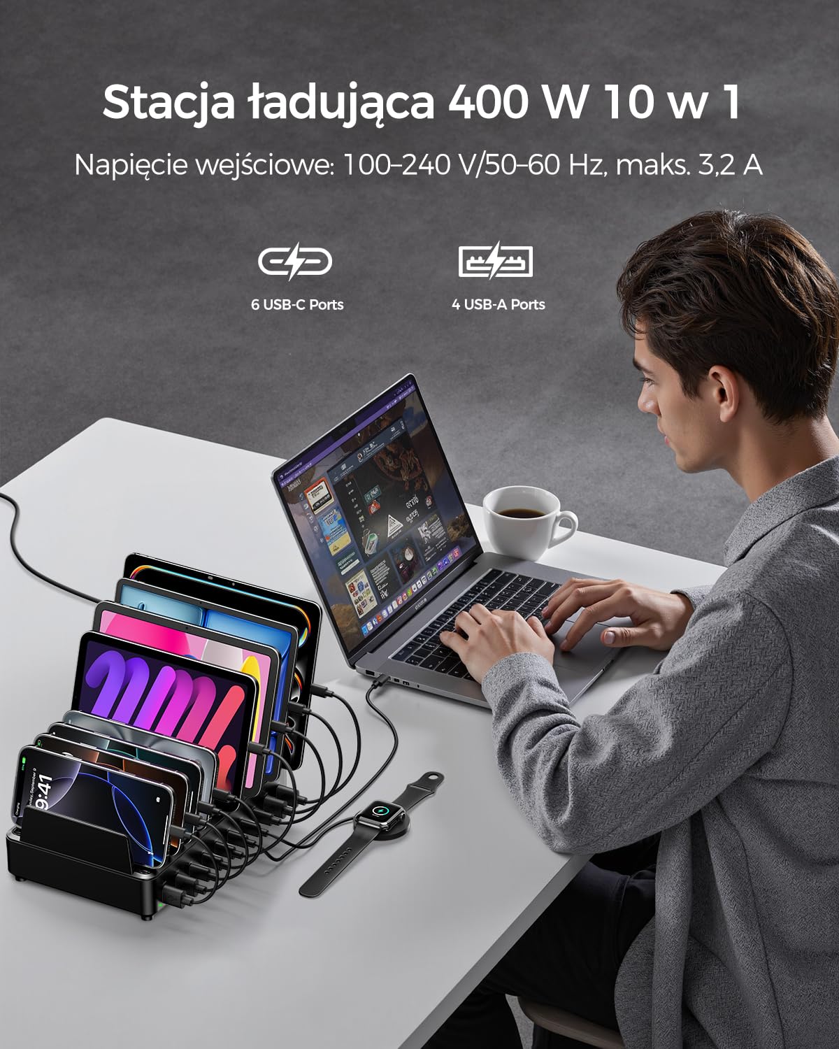 Stacja ładowania wielu urządzeń Rocoren 400 W, stacja ładowania telefonów komórkowych PD100 W z 10 portami USB-C GaN, ładowarka biurkowa kompatybilna z MacBookiem Pro/Air, iPh0nem i Galaxy