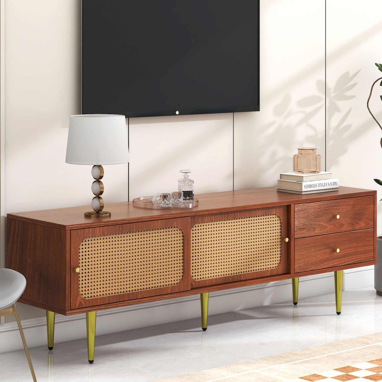 KOMHTOM TV-kast, sideboard met laden en twee kastdeuren, wit rotan, opbergkast, multifunctionele kast voor woonkamer, slaapkamer (C