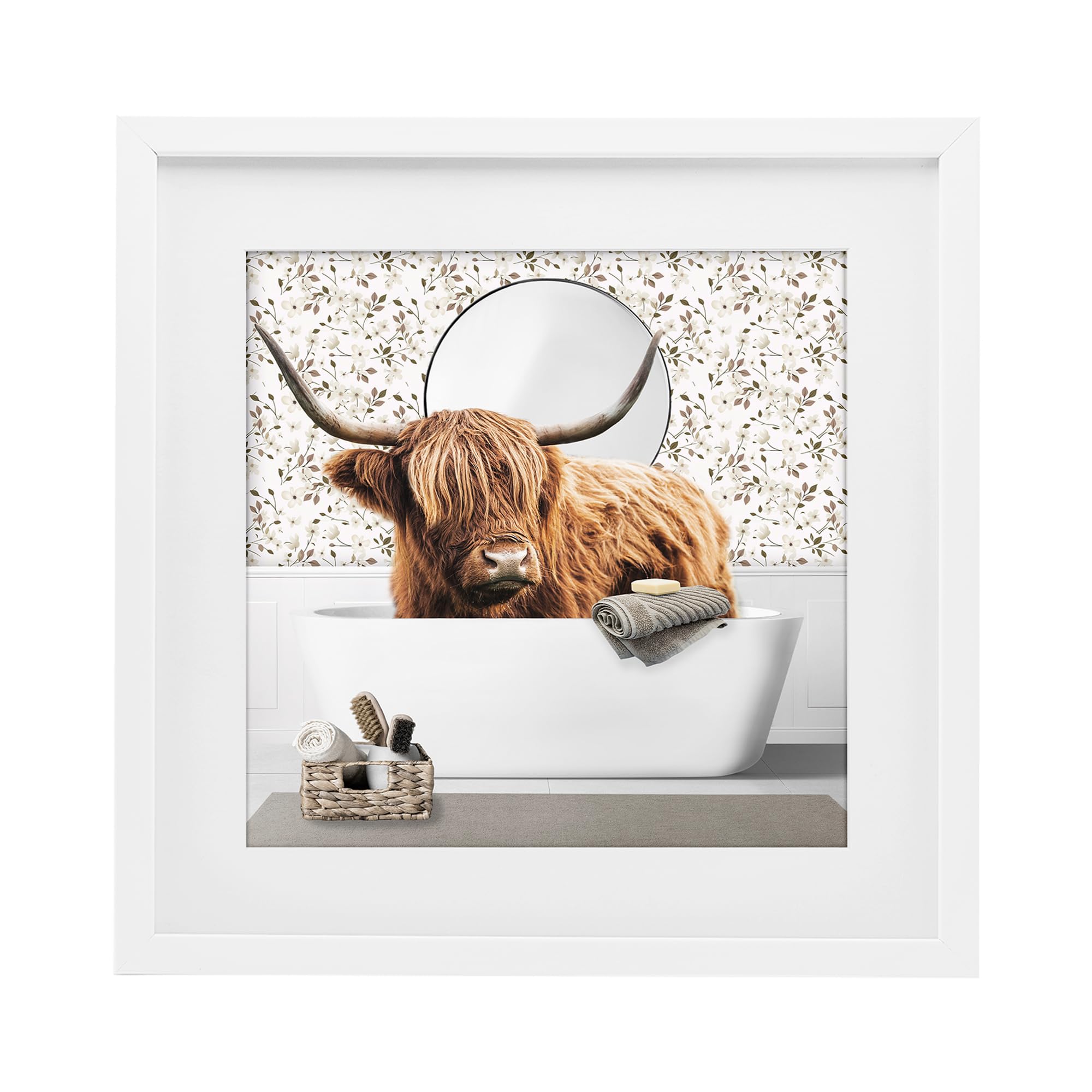Stupell Industries 'Boho Cattle Bath Time', Framed Print Under Glass, White, 13 x 13 Inches, Easy to Hang and Sturdy, Made in USA, by CAD Designs