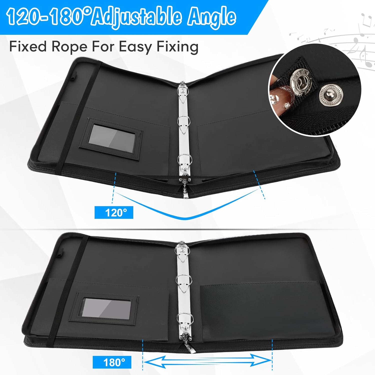 Sheet Music Folder, 13"x10.2" Choral Muisc Folder with Hand Strap, 3 Ring Music Folder with 30 Music Binder Bag Black PU Leather Choir Folders for Marching Band Piano Fits Letter Size 8.5x11 Inch