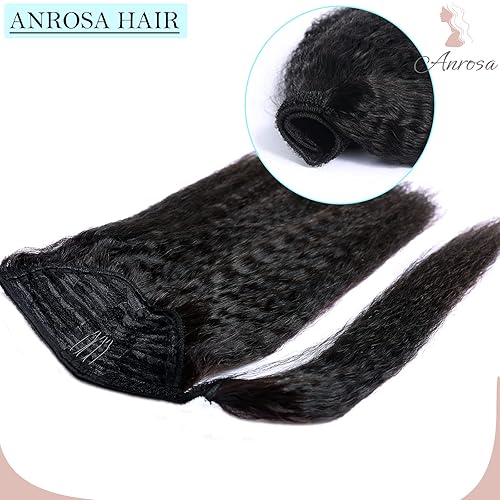 Miniatura 5 de Anrosa Cola de caballo de cabello humano rizado lacio para mujeres negras, cinta mágica 100% Remy, extensiones de cabello humano brasileño ondulado,