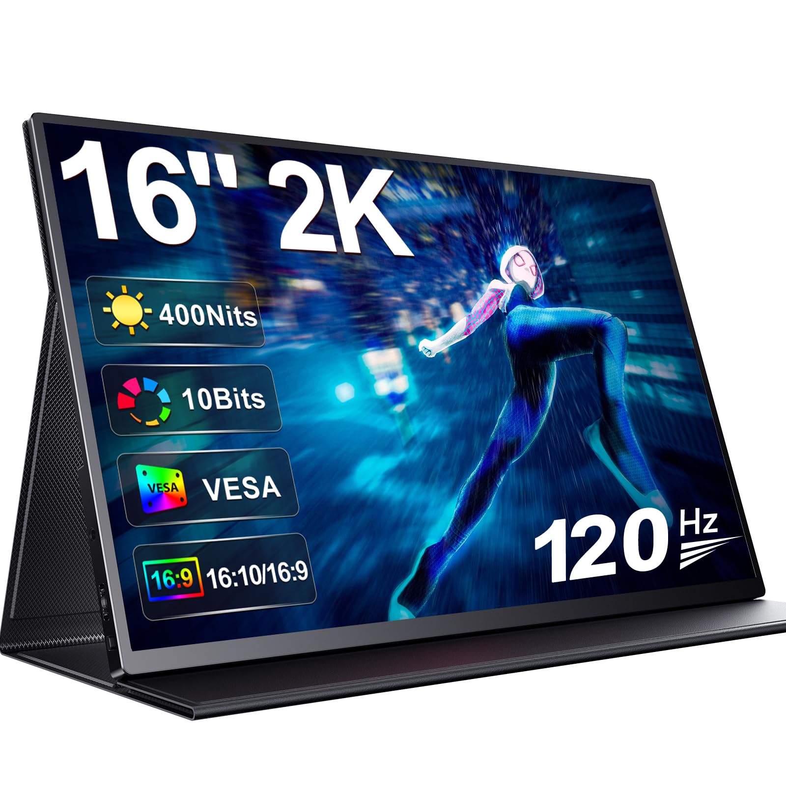 UPERFECT 16 Zoll 2K 120Hz Portable Gaming Monitor, 2560x1600 2000:1 10 Bit | 400 Nits 16:9/16:10 IPS Bildschirm Mini HDMI USB C für PC Laptop Xbo Switch, Zweiter Bildschirm VESA-kompatibel