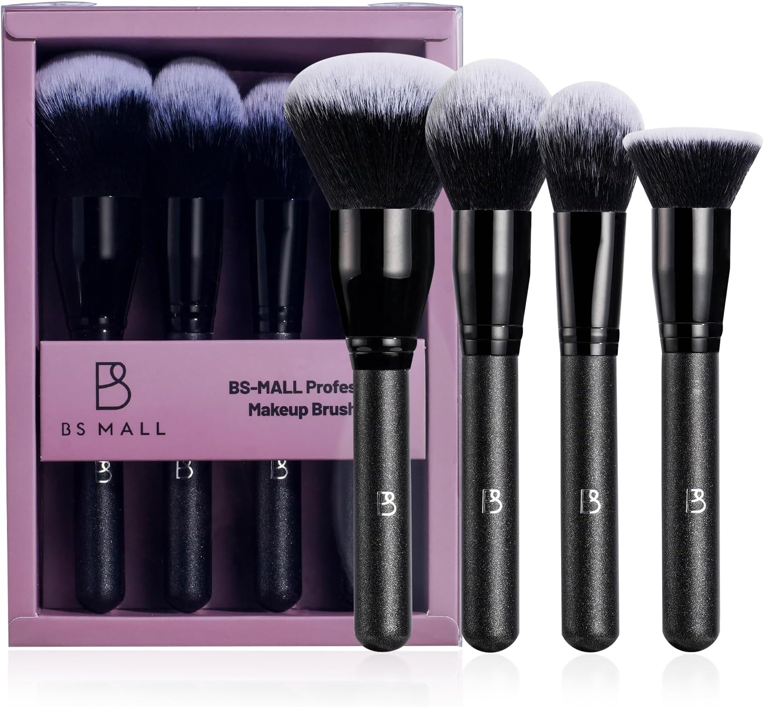 BS-MALL Soft Professional Makeup Brush Set - 4 Pcs Travel-friendly Brushes Including Foundation Brush for Liquid Makeup, Powder Brush & Blush Brush,Daily use (All Black)