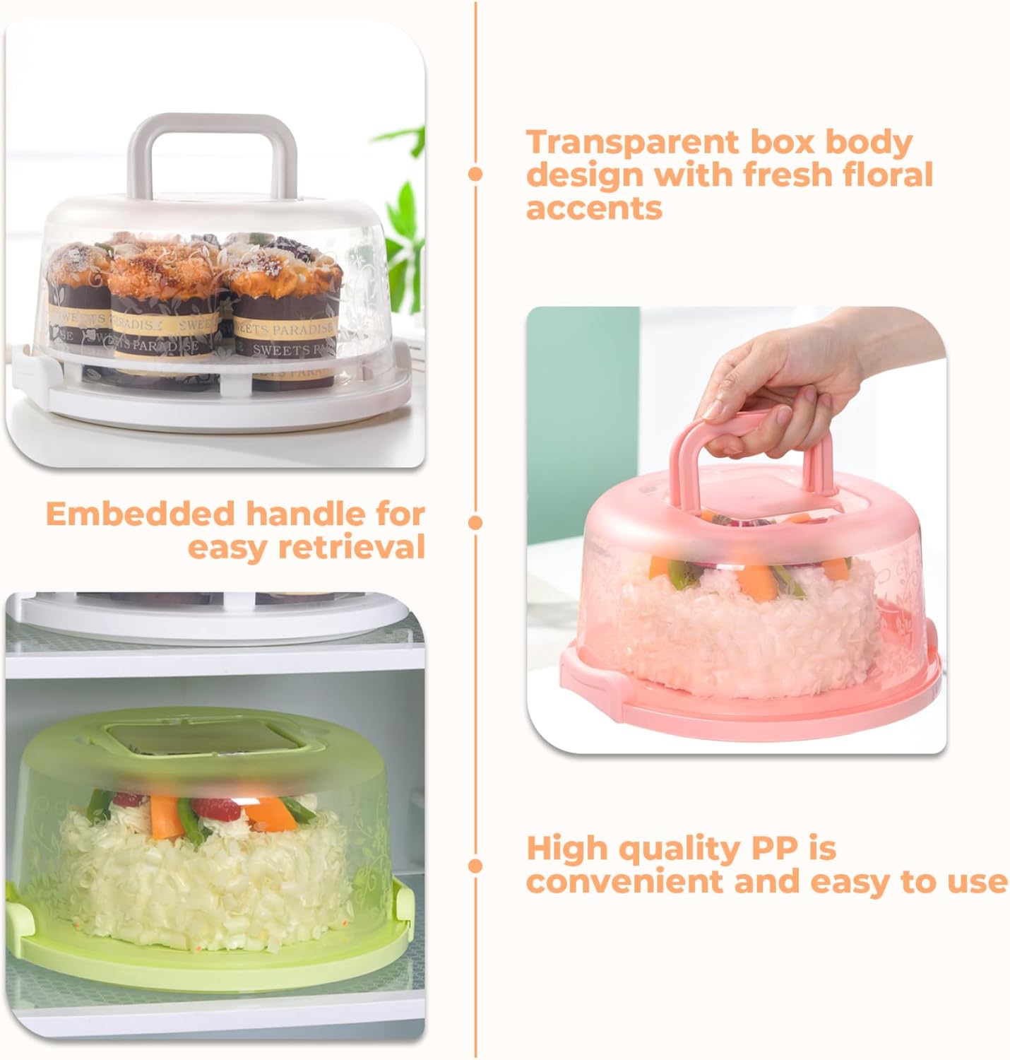 Cake Carrier with Lid and Handle 10" Portable Cake Carrier with Transparent Lid Washable Reusable Round Container for Cupcake, Pie, Dessert